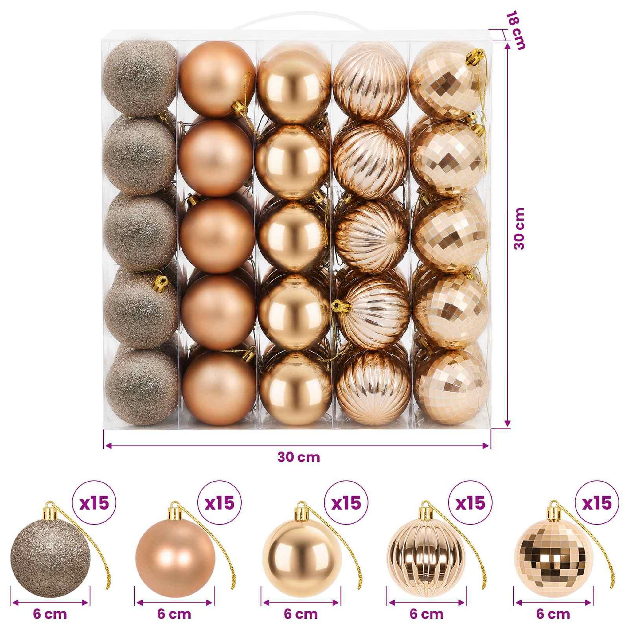 Voir la diapositive 3 : VIDAXL Ensemble de boules de Noël 75 pc Or rose 6 cm Polystyrene