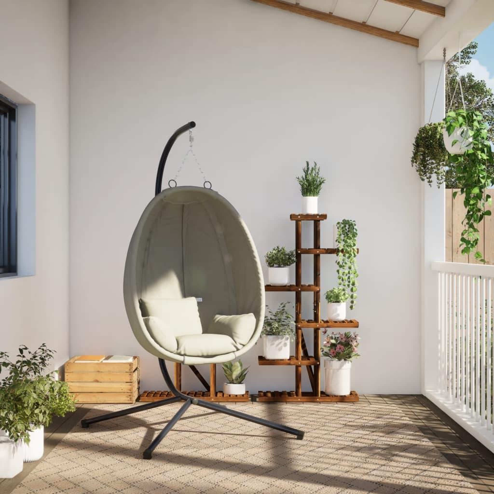Voir la diapositive 3 : VIDAXL Chaise suspendue en forme d'œuf et support beige tissu et acier