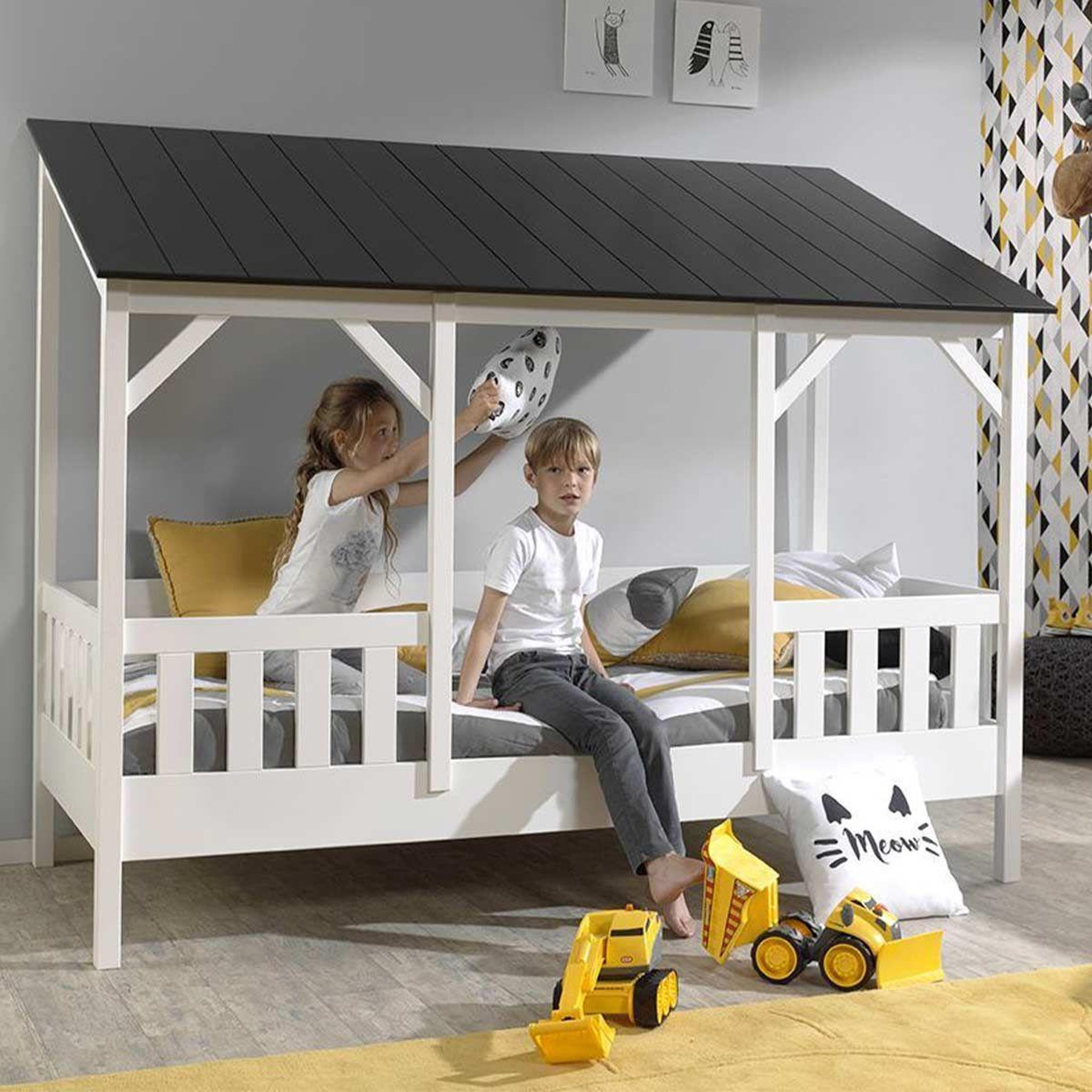 Paris Prix Pack - lit cabane enfant, sommier & matelas  housebed iii  90x200cm blanc & noir