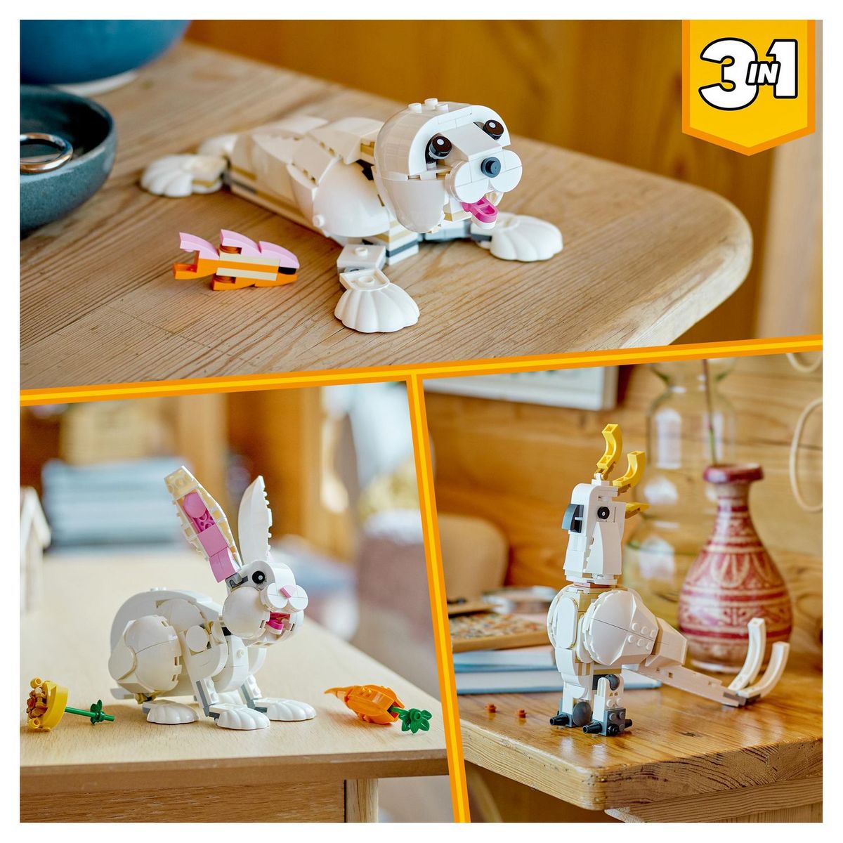 LEGO Creator 31133 Le lapin blanc, Jouet avec Animaux, dont Figurines de Poisson, Phoque et Perroquet