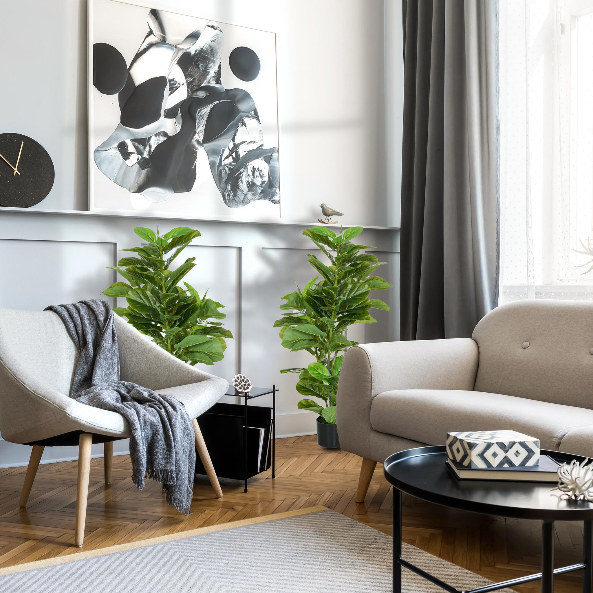 Voir la diapositive 2 : HOMCOM Ficus Lutea artificiels 1,10H m - lot de 2 ficus artificiels - 90 feuilles réalistes par pied - pot inclus noir vert
