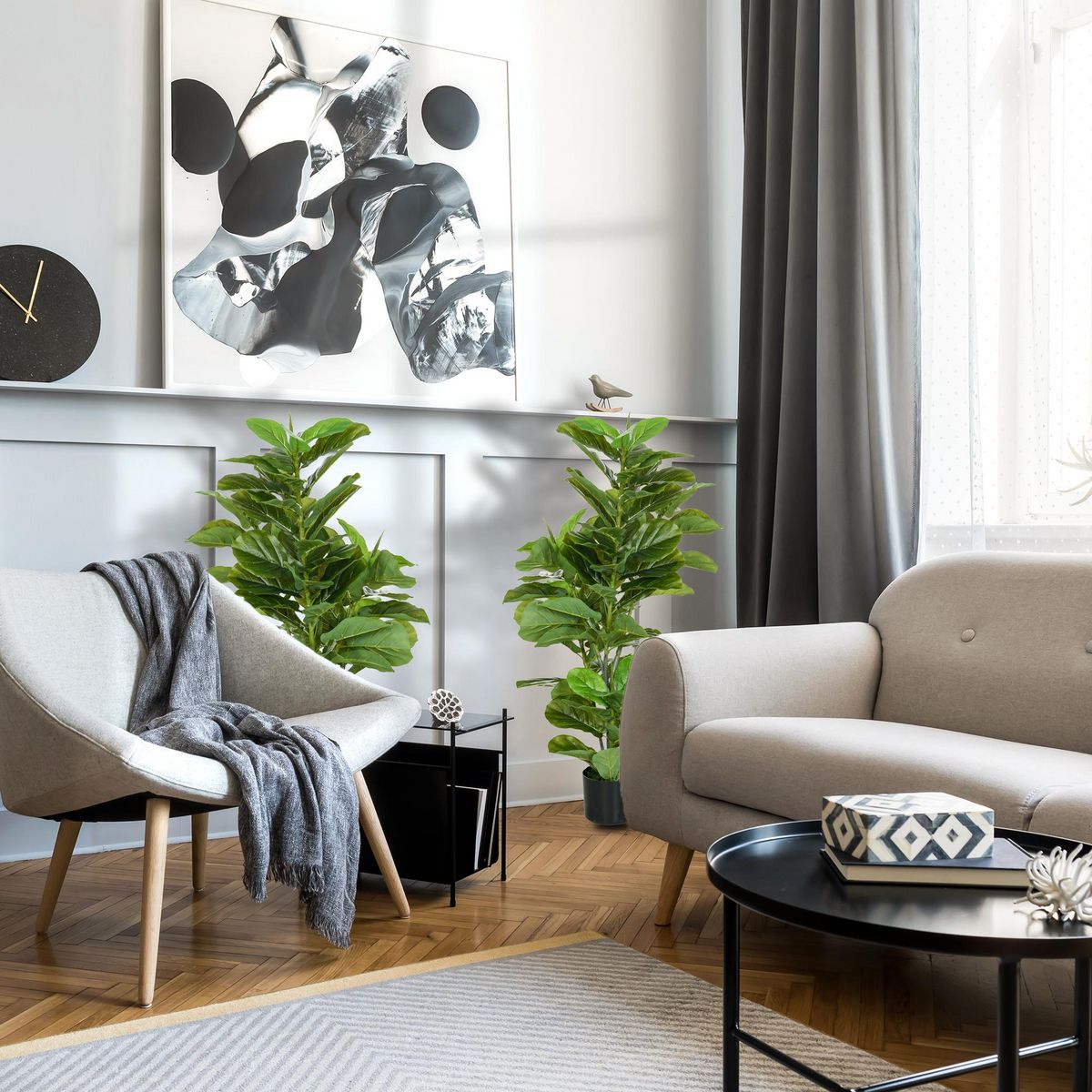 HOMCOM Ficus Lutea artificiels 1,10H m - lot de 2 ficus artificiels - 90 feuilles réalistes par pied - pot inclus noir vert