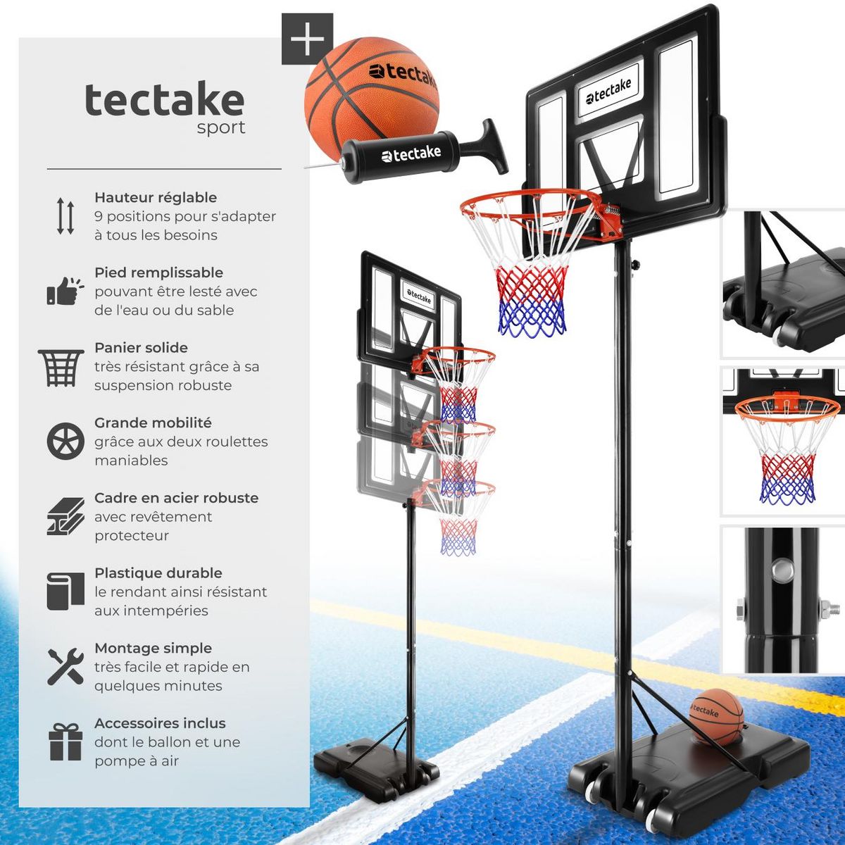 tectake Panier de basket avec ballon et pompe inclus noir