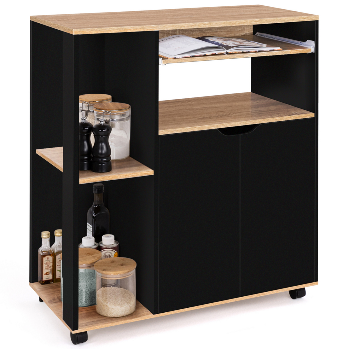 ID MARKET Desserte de cuisine COSI bois noir et plateaux façon hêtre L.76 CM