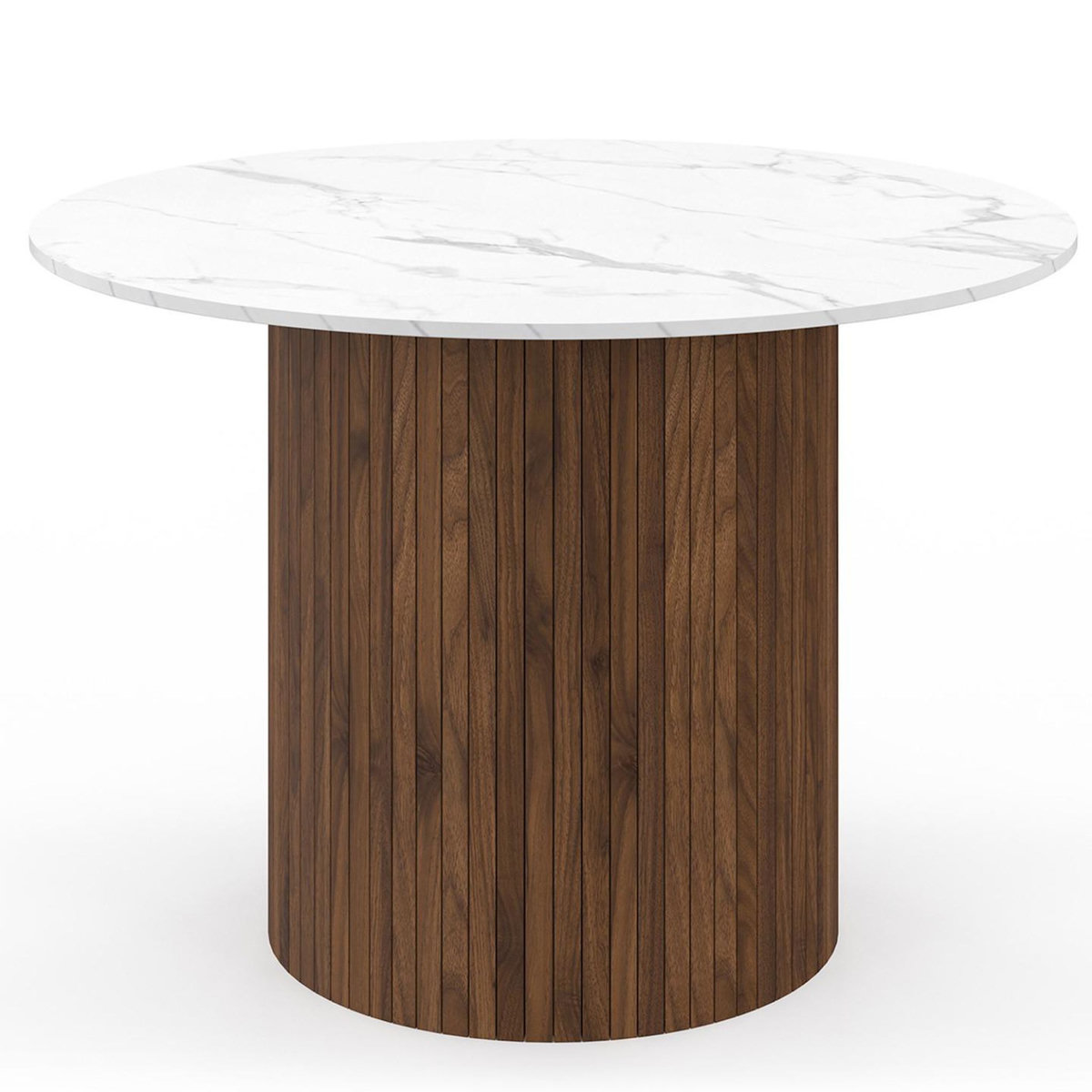ID MARKET Table à manger ronde JULIETTE 6 personnes pied central effet lattes noyer et plateau effet marbre blanc ALASKA 110 cm