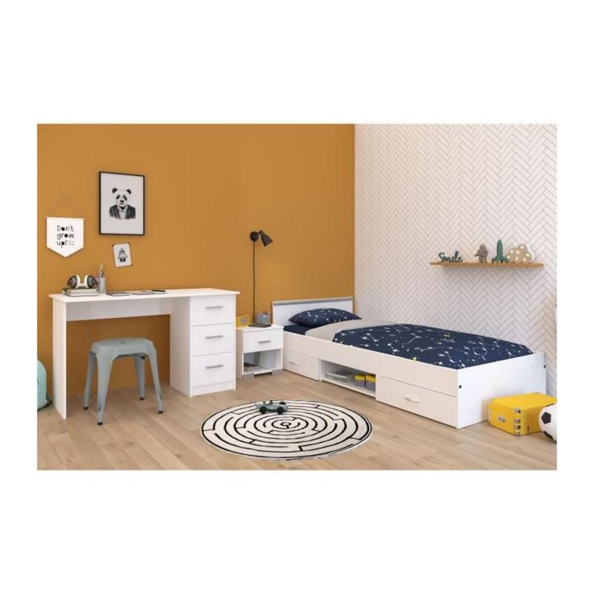 PARISOT Chambre complete enfant 3 pieces ZODIAC - Lit + chevet + bureau - Décor blanc mat - PARISOT
