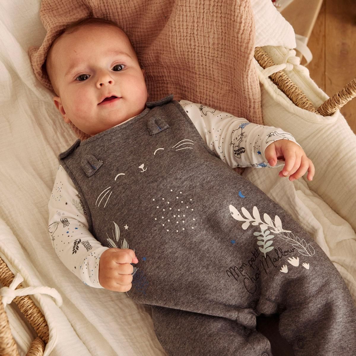 Petit Béguin Ensemble salopette bébé en molleton et t-shirt Chatmallow