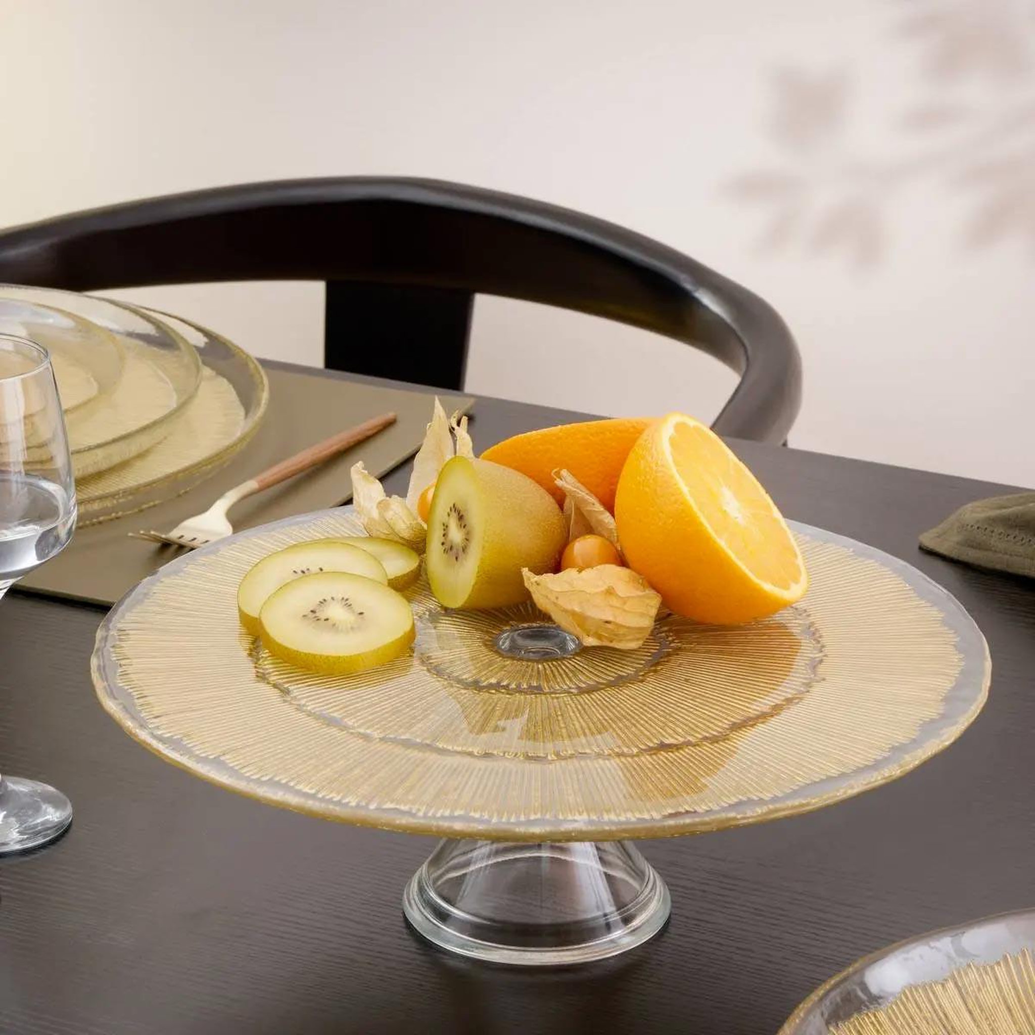 Voir la diapositive 2 : SECRET DE GOURMET Présentoir à gâteau en verre  celeste  33cm doré