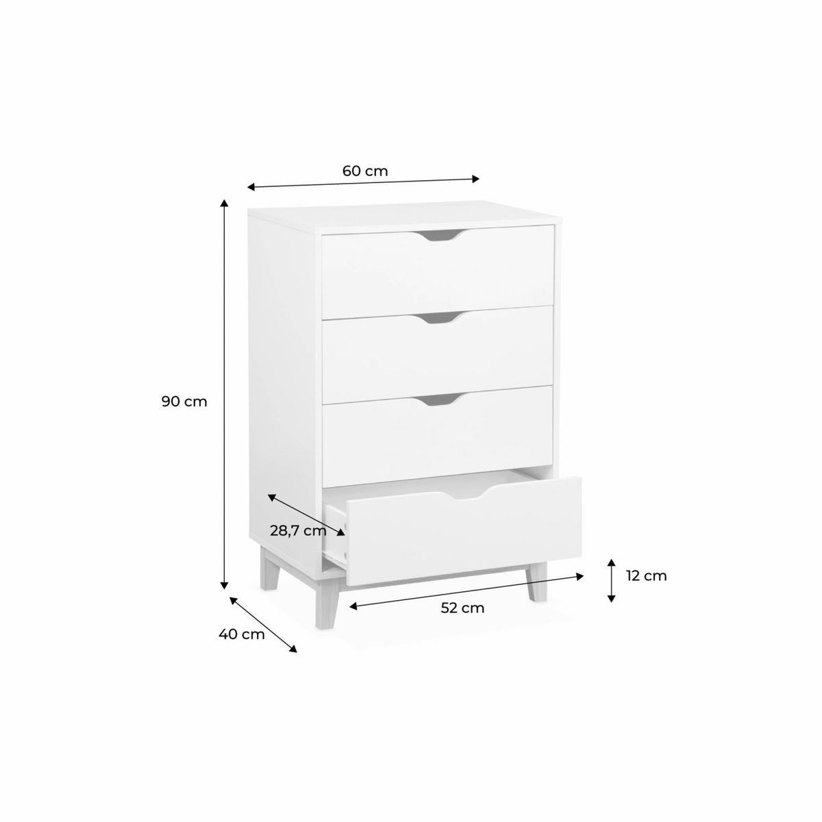 SWEEEK Commode blanche scandinave - Floki - chiffonnier avec pieds en bois de sapin. 4 tiroirs. 60x40x90cm