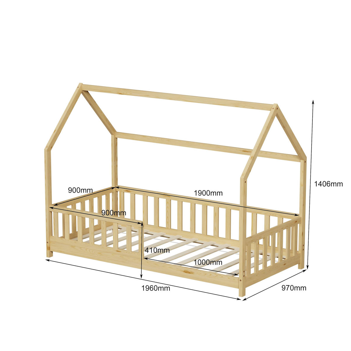 MINEA MINEA | Lit cabane avec barrière TCHOUPI 90x190 cm (matelas non inclus)
