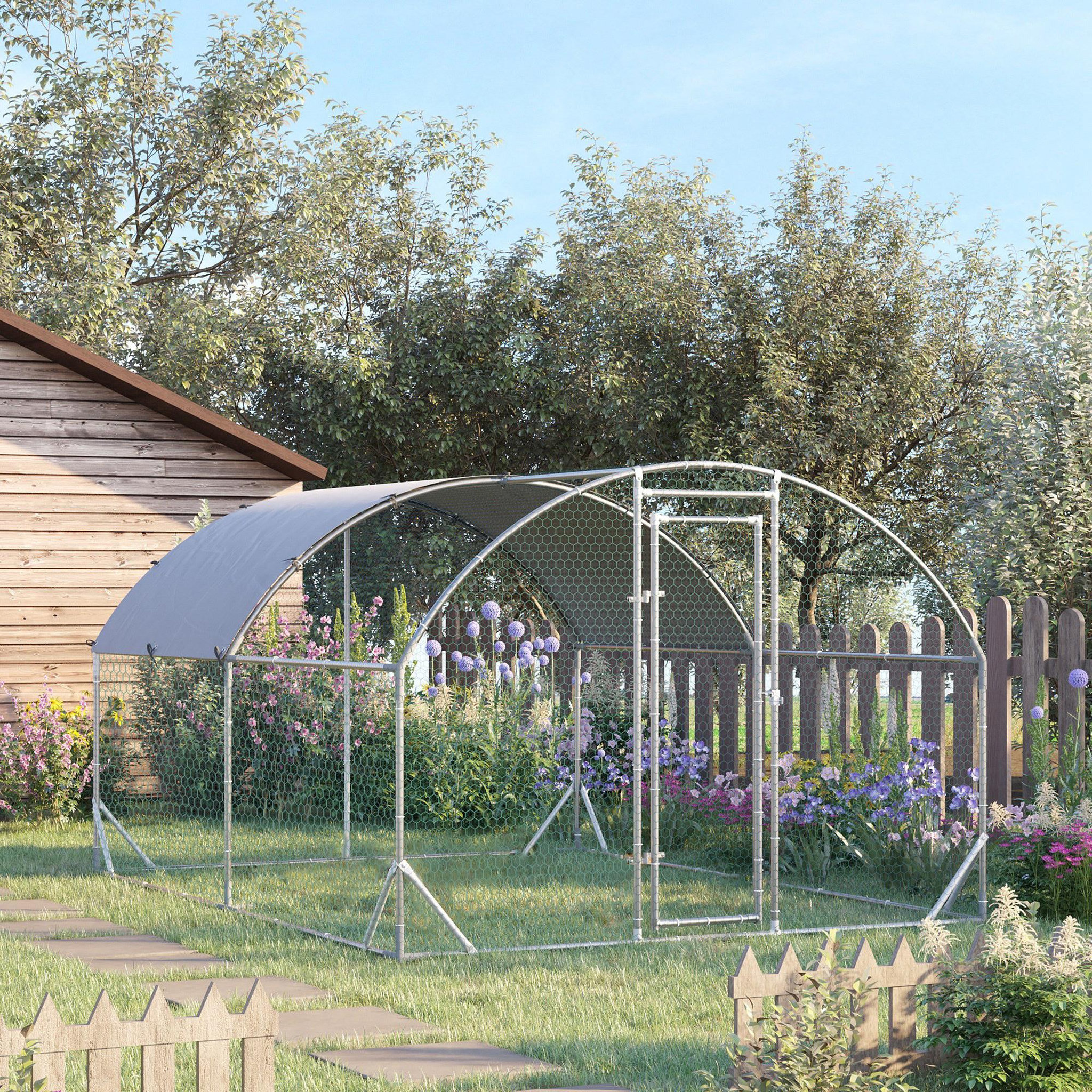 Voir la diapositive 2 : PAWHUT Enclos poulailler chenil 10,64 m² - parc grillagé dim. 3,8L x 2,8l x 1,97H m - espace couvert - acier galvanisé