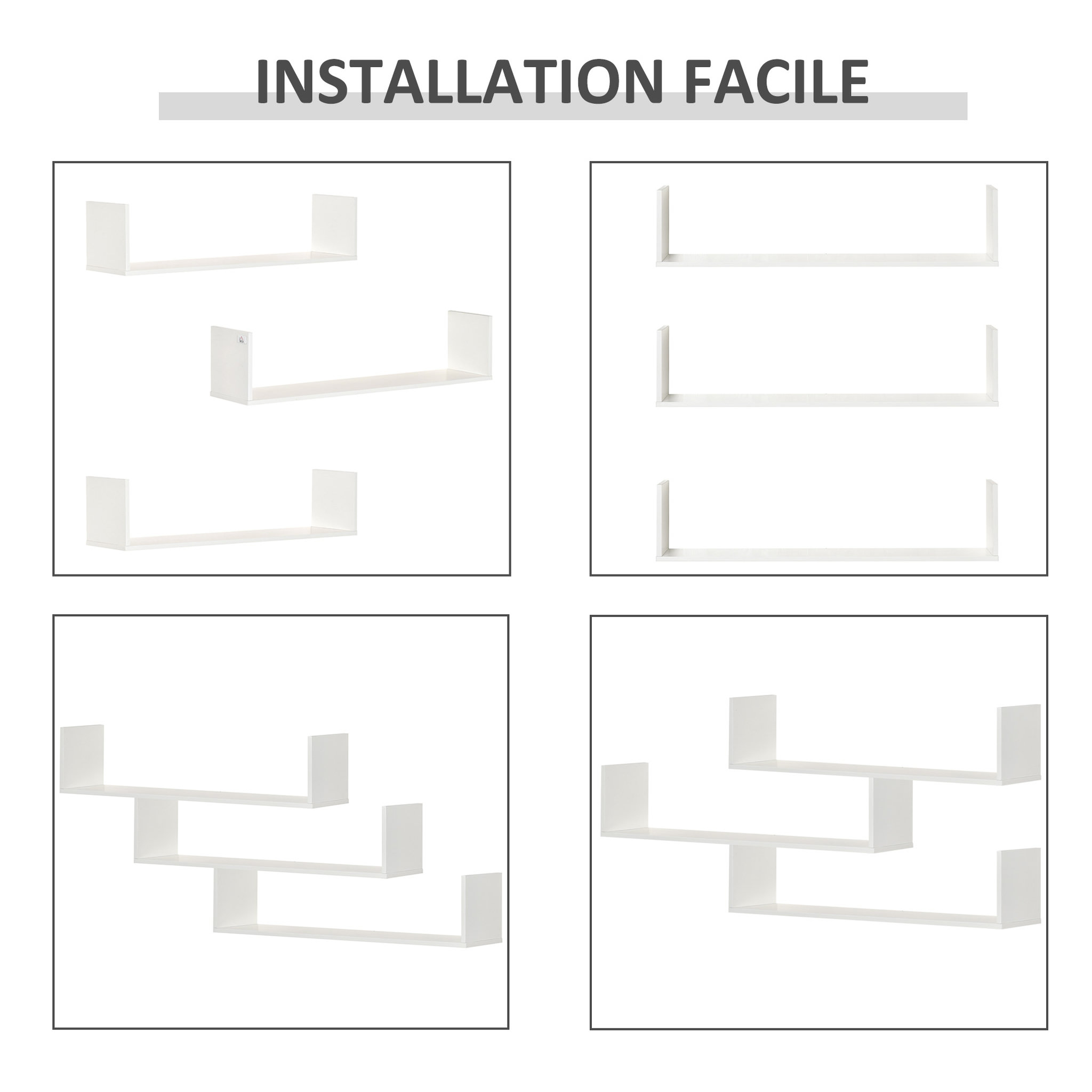 Voir la diapositive 6 : HOMCOM Lot de 3 étagères murales flottantes - dim. 80L x 18l x 18H cm - kit complet de fixation inclus - MDF grain de bois blanc