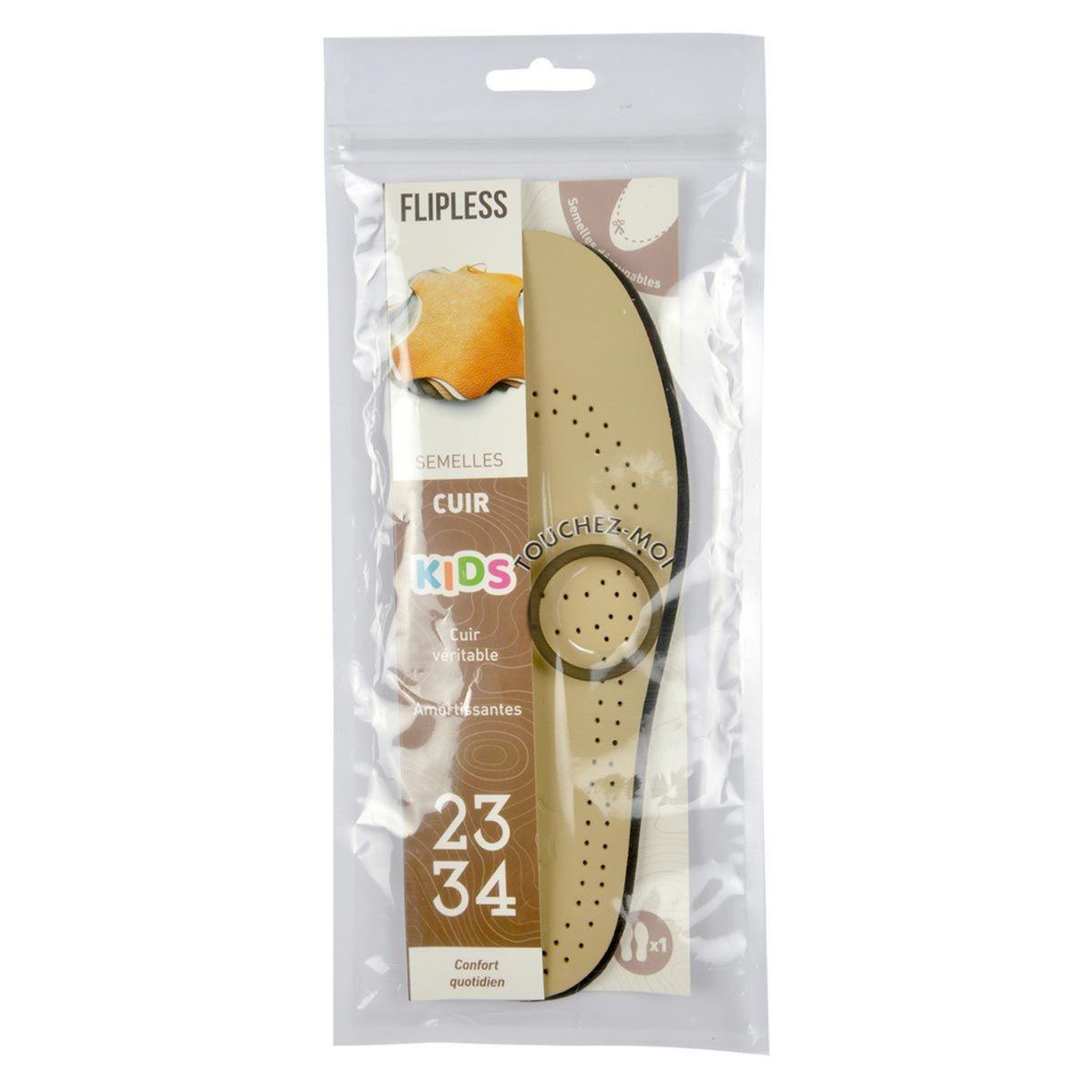 Voir la diapositive 2 : FLIPLESS Semelles enfant  cuir  taille 23/34cm beige