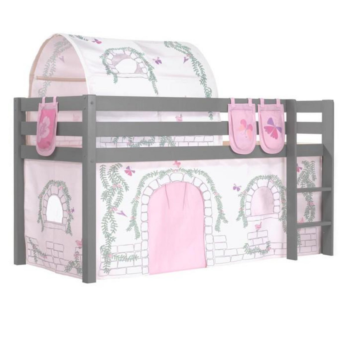 Paris Prix Pack - Lit Enfant Surélevé, Tente, 3 Pochettes & Tunnel  Pino Birdy  Gris