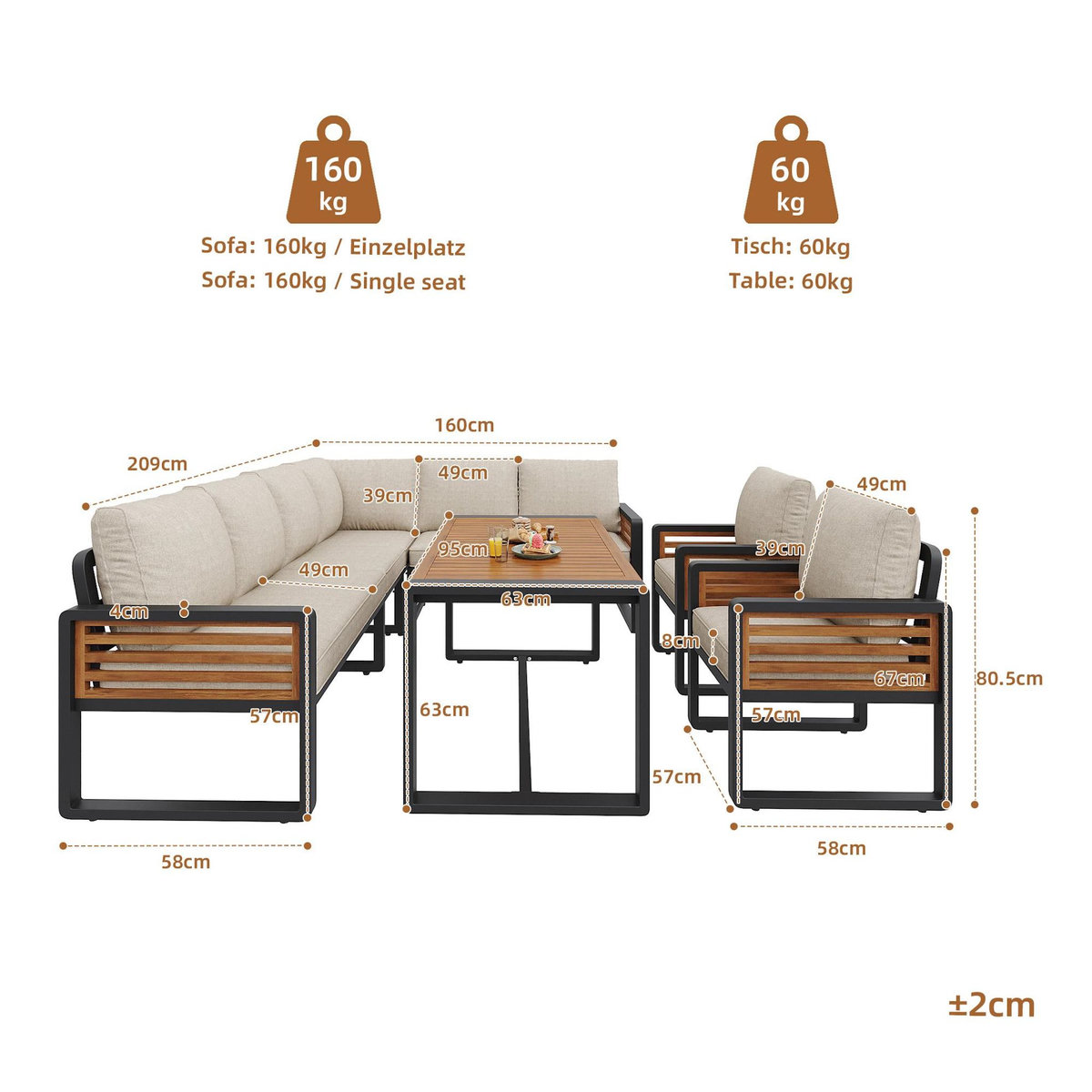 MERAX Salon de jardin repas 8 places en métal et bois massif avec canapé, table à manger, coussins