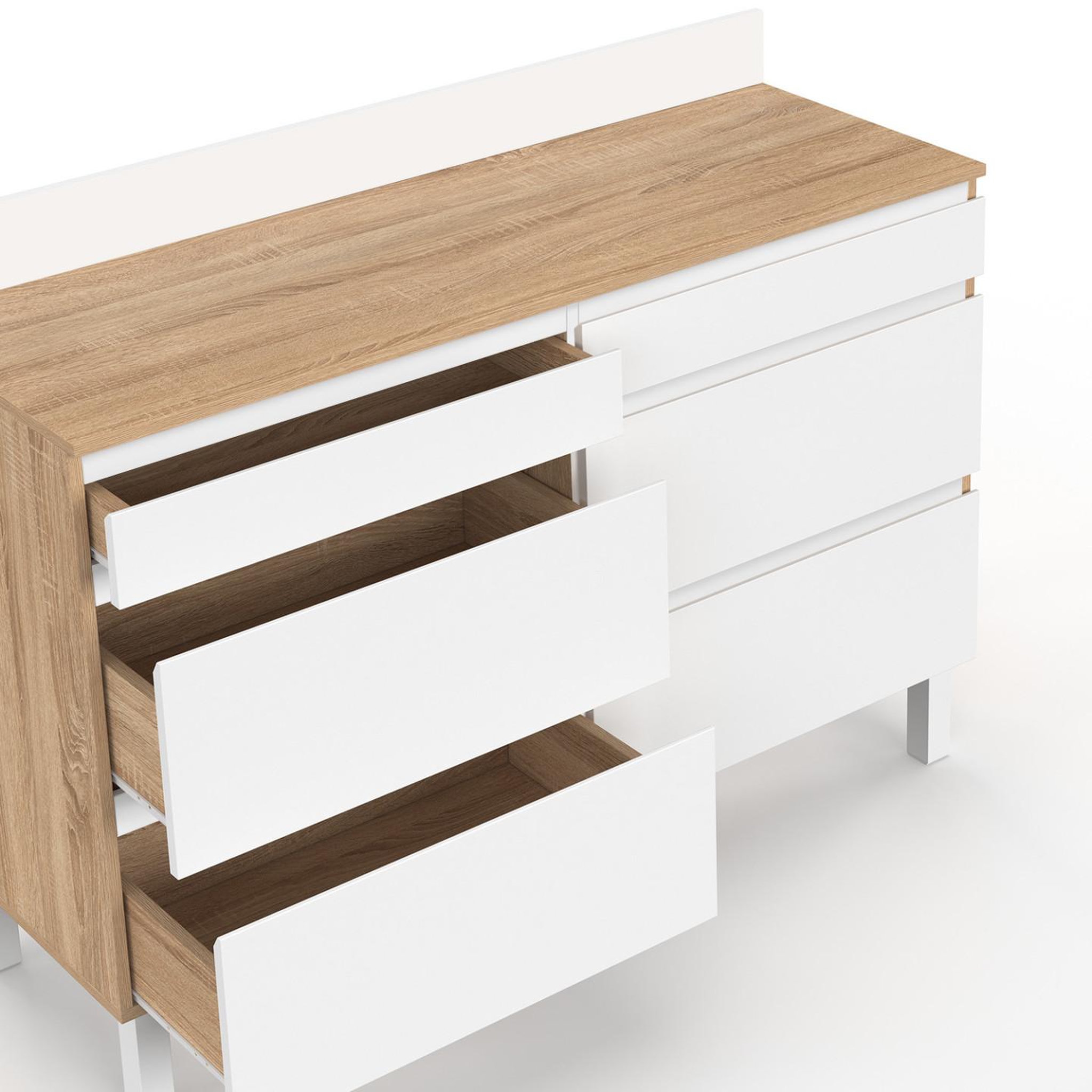 Voir la diapositive 6 : ID MARKET Buffet bas double casserolier de cuisine 120 cm claude plan de travail h. 83 cm 6 tiroirs bois et blanc