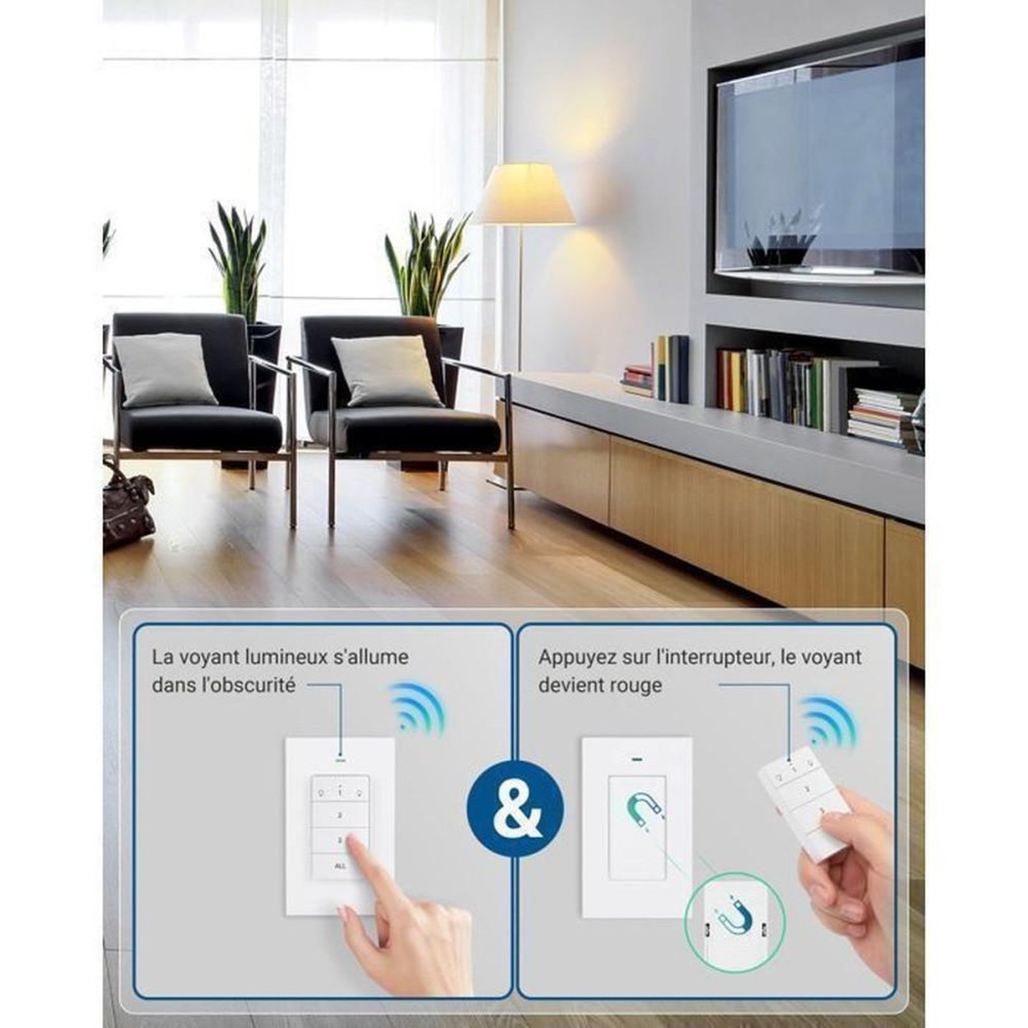 Voir la diapositive 5 : Pack prises connectées avec télécommande, 2 sorties + interrupteur mural amovible, 16 A 3680 W, blanc, fréquence 433,92 MHz, portée jusqu'à 30 m