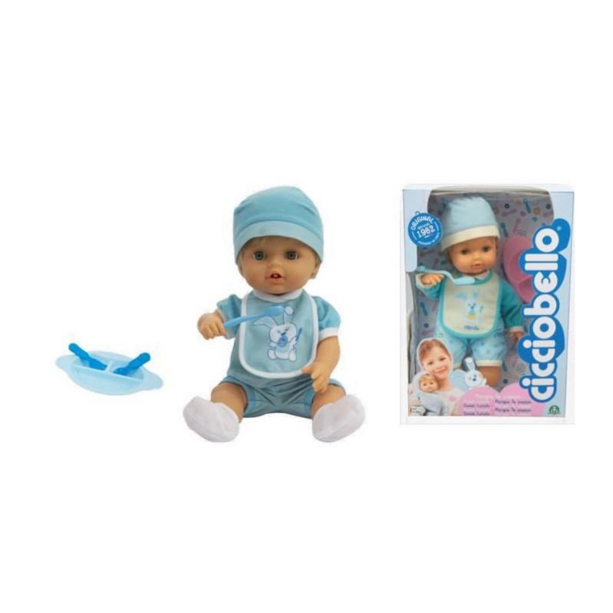  Cicciobello, Premiers Repas, poupon 30 cm, Apprend a manger tout seul, Necessaire pour le repas, Jouet pour enfants des 2 ans, C