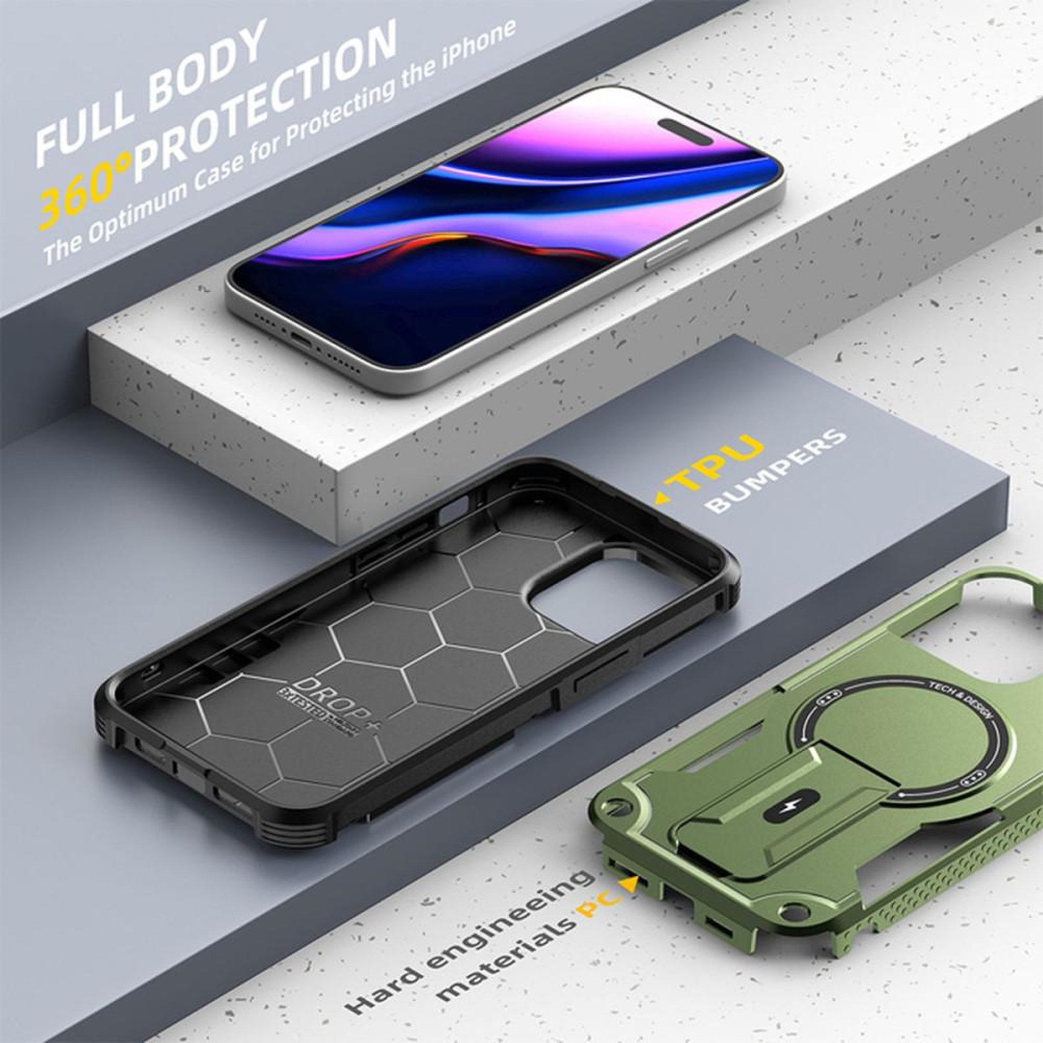 Voir la diapositive 5 : Coque iPhone 15 Pro Max MagSafe magnétique HCT Style verte anti-choc avec support intégré et anneau