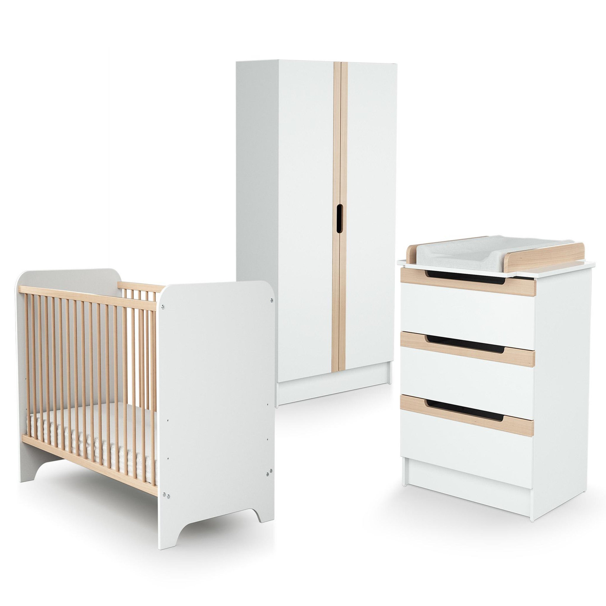 AT4 Chambre bébé lit, commode à langer et armoire blanc et hêtre verni