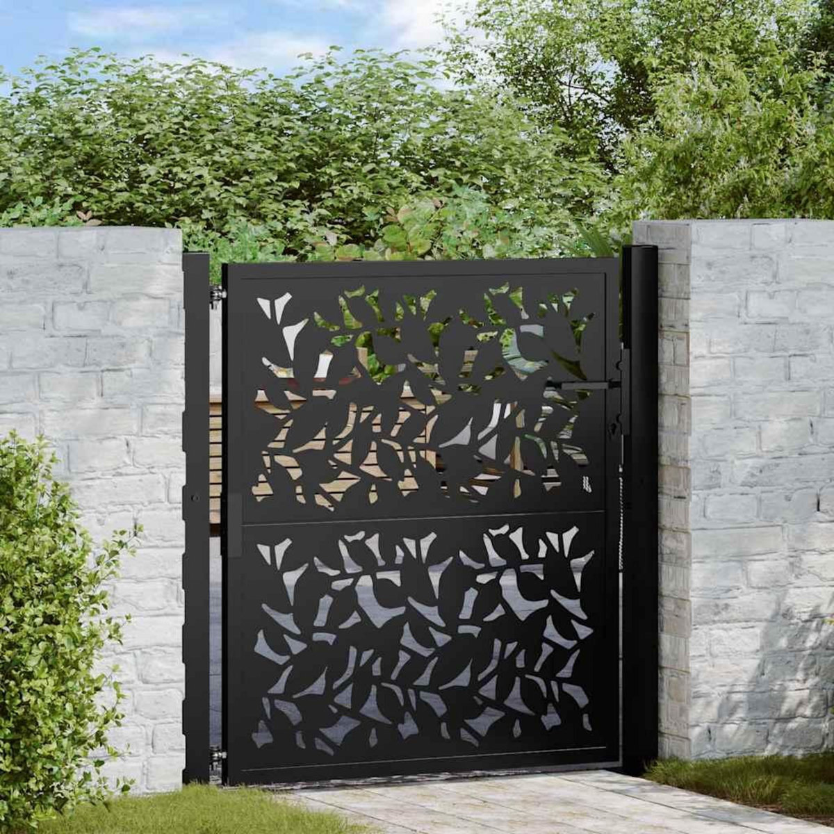 VIDAXL Portail de jardin noir 105x106 cm acier conception de feuilles
