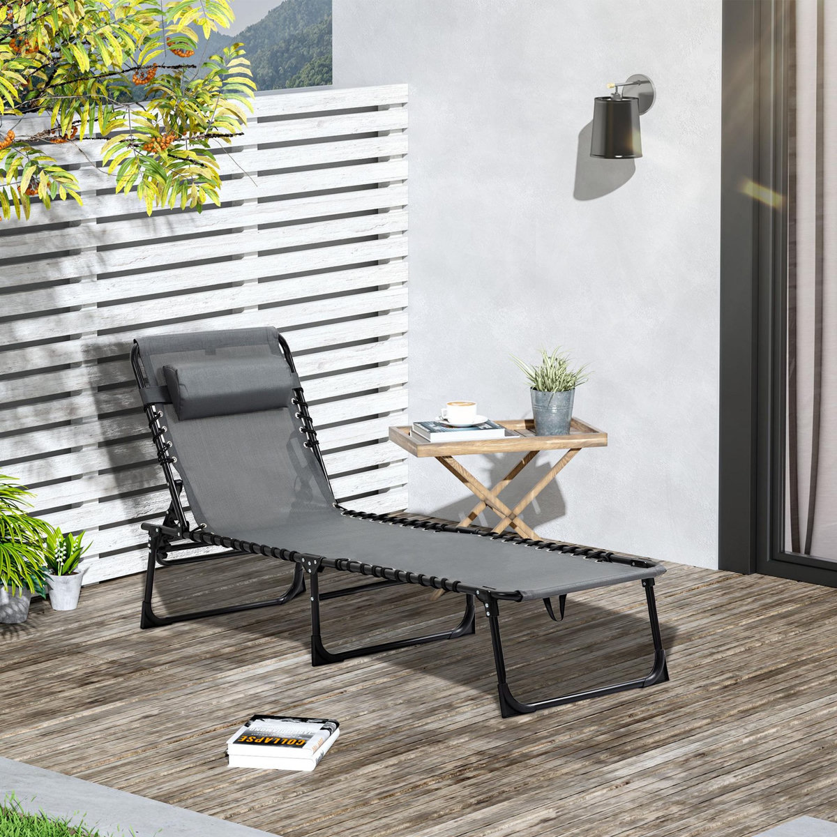 OUTSUNNY Bain de soleil transat pliable avec poignée - dossier inclinable multi-positions, pochette, tétière - acier époxy noir lacets élastiques textilène gris