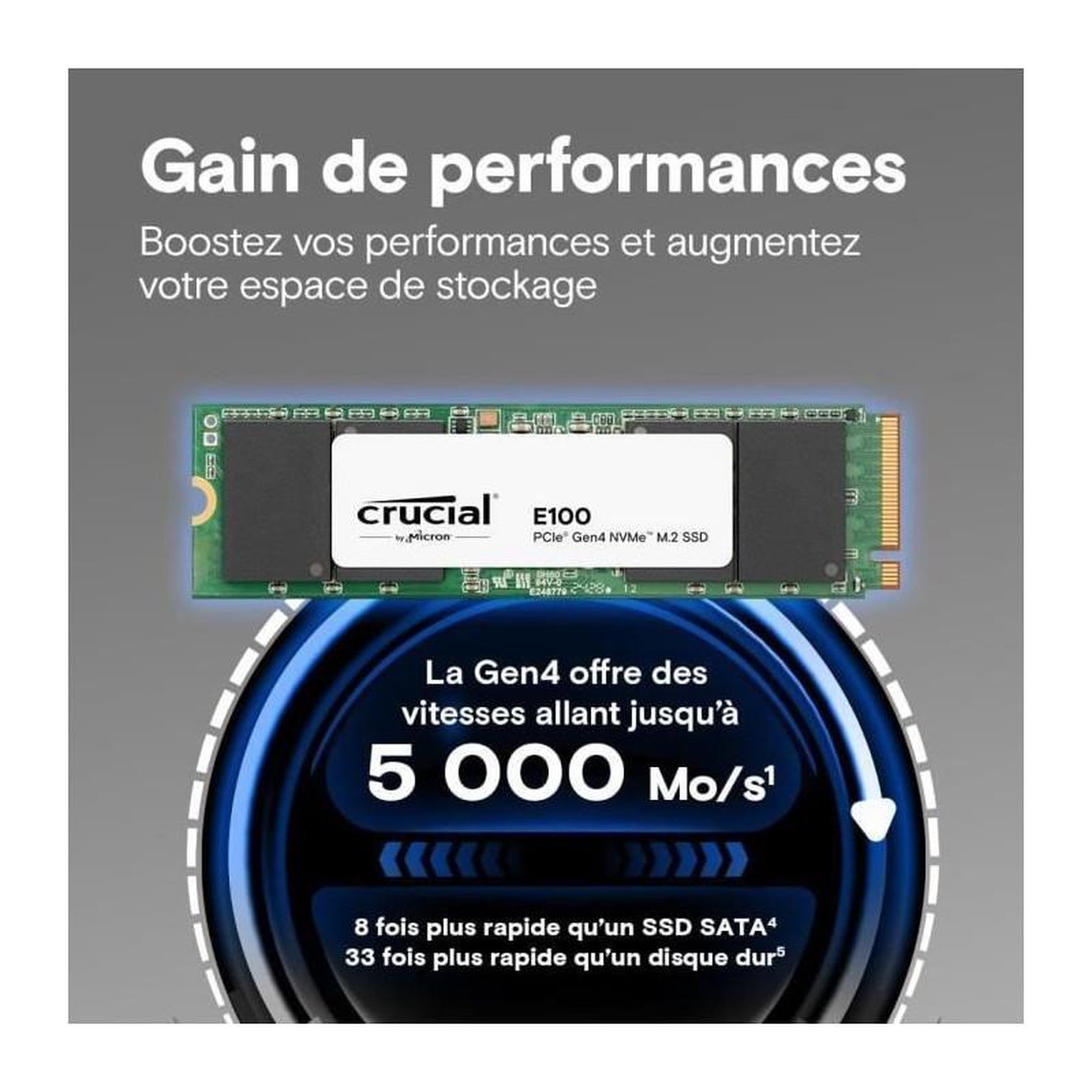 Voir la diapositive 2 : Crucial SSD interne - CRUCIAL - E100 - 1 To - PCIe Gen4 NVMe M.2 - Jusqu'a 5000 Mo/s