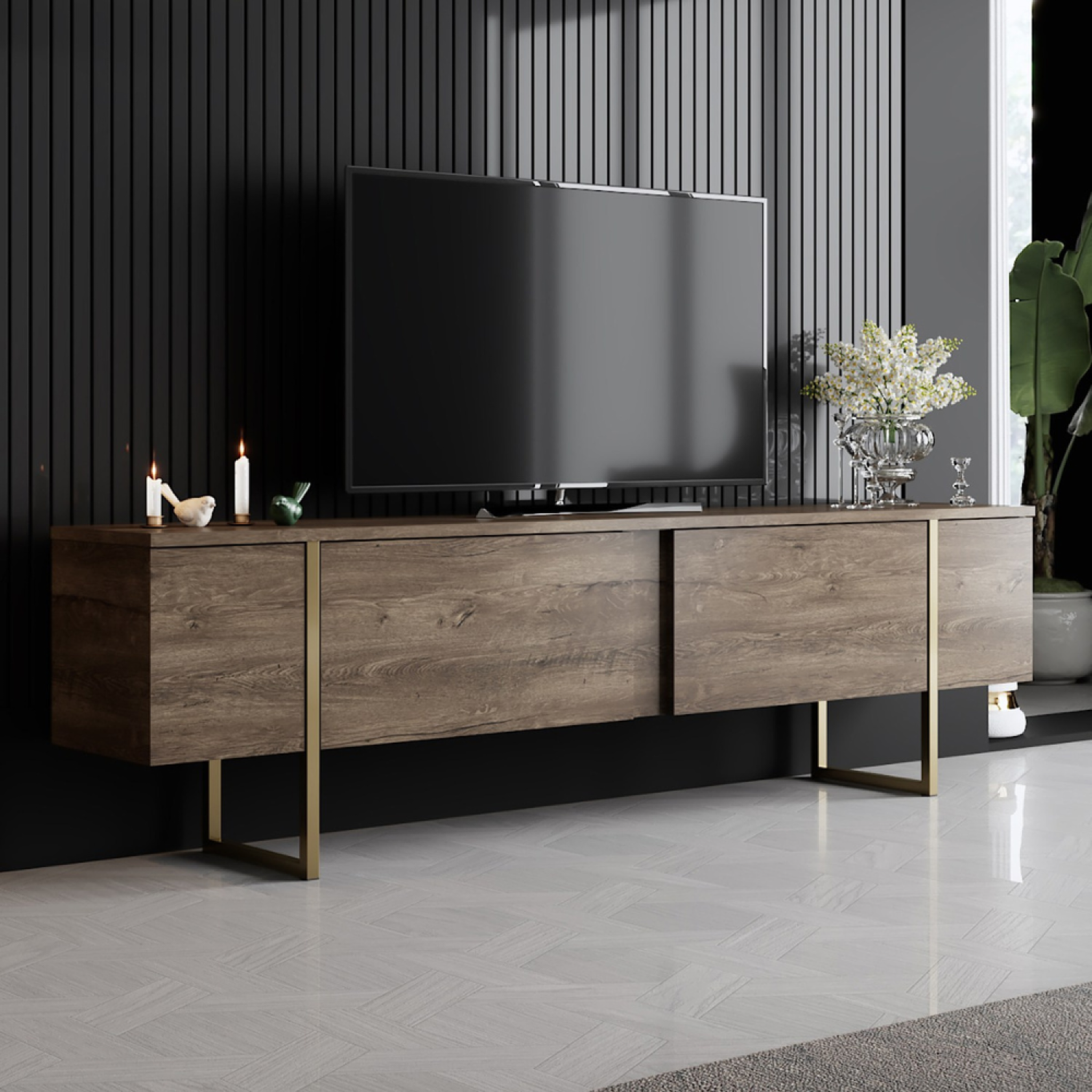 Voir la diapositive 2 : CONCEPT USINE Meuble tv bois et or avec rangement 180 cm bearn