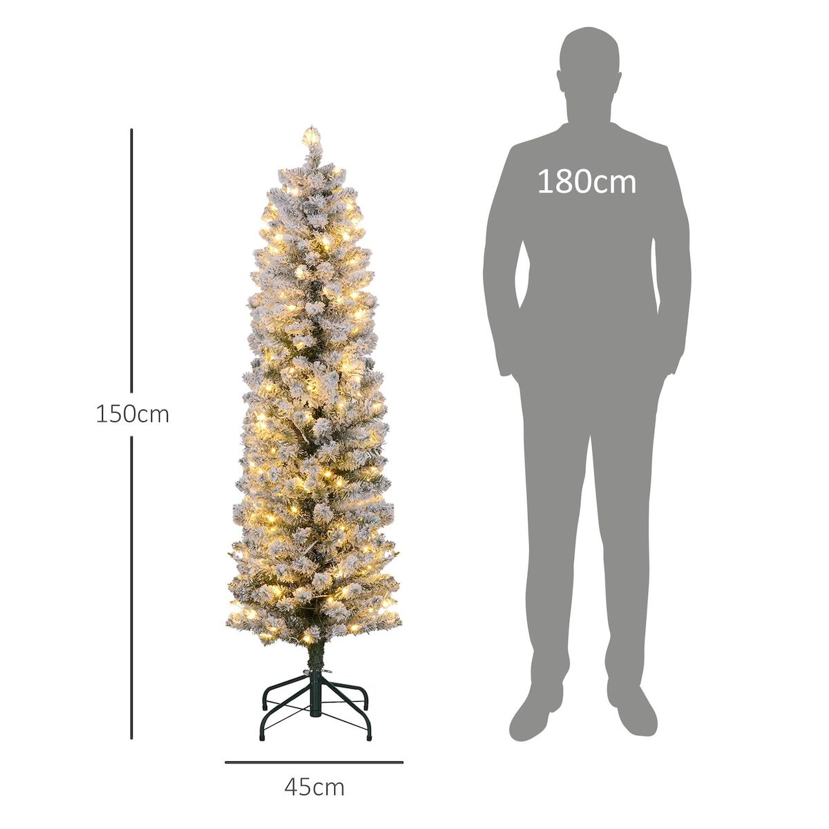 HOMCOM Sapin de Noël artificiel LED H.150 cm - sapin de Noël mince enneigé - 263 branches 120 LED blanc chaud