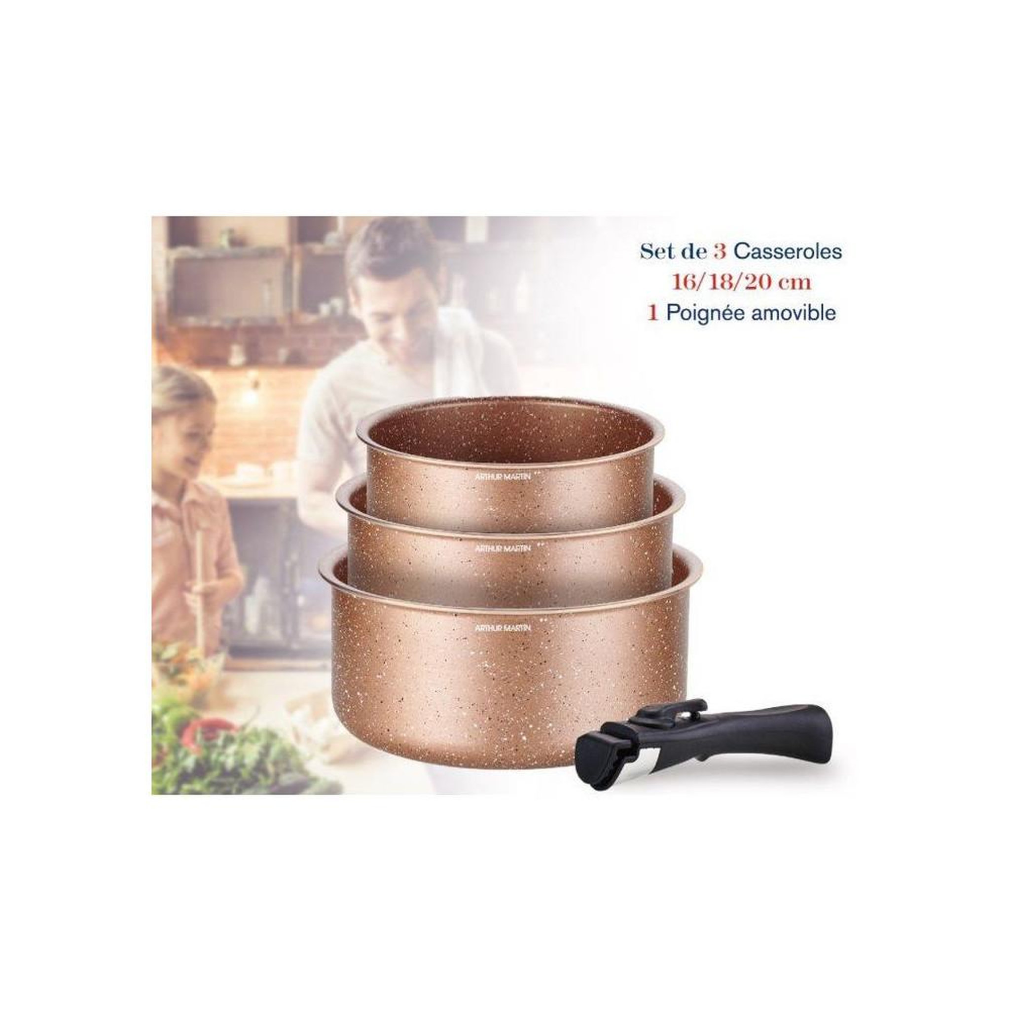 Voir la diapositive 3 : Arthur Martin Arthur martin am2366 – set de 3 casseroles en aluminium terracotta avec poignée amovible