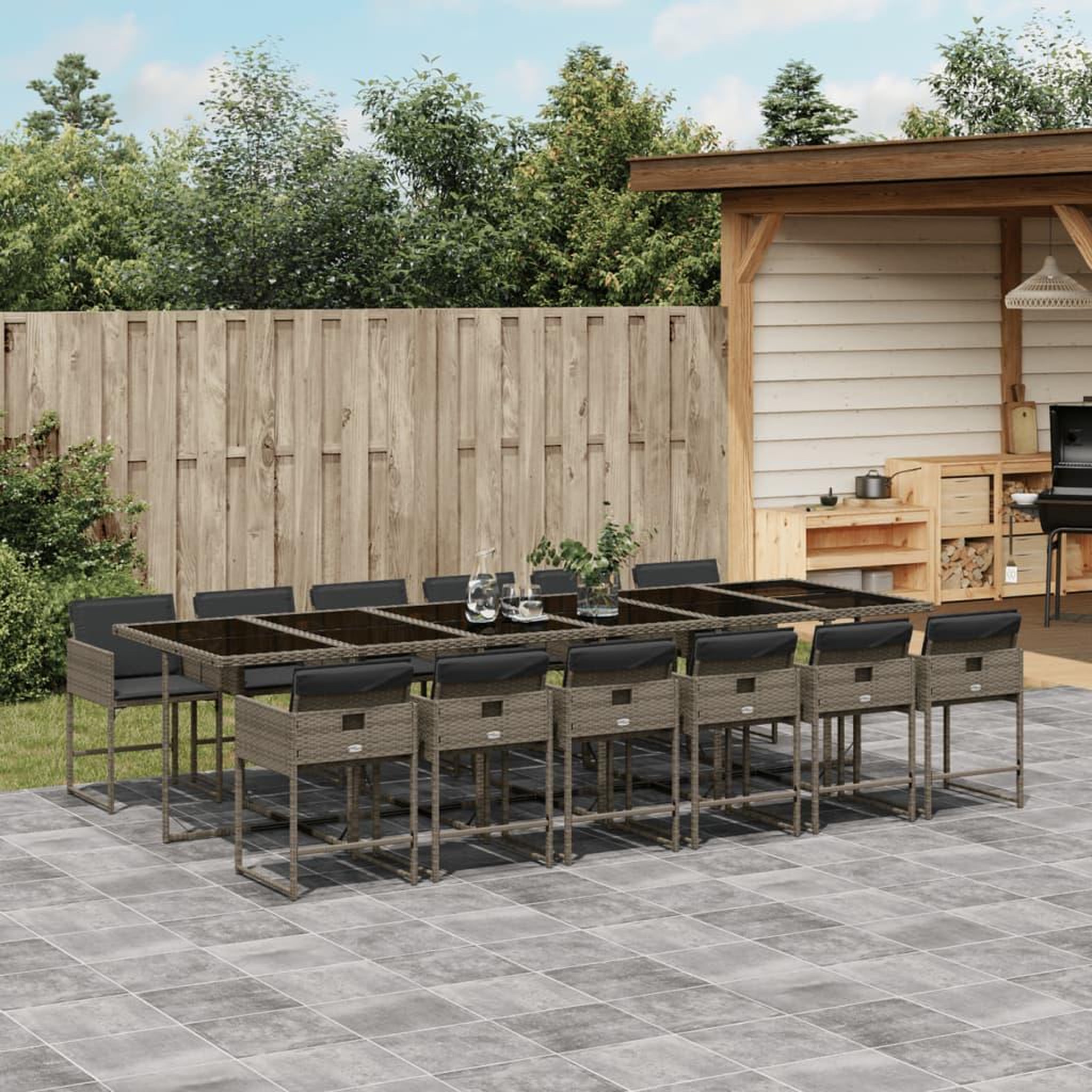 VIDAXL Ensemble a manger de jardin coussins 13 pcs gris resine tressee