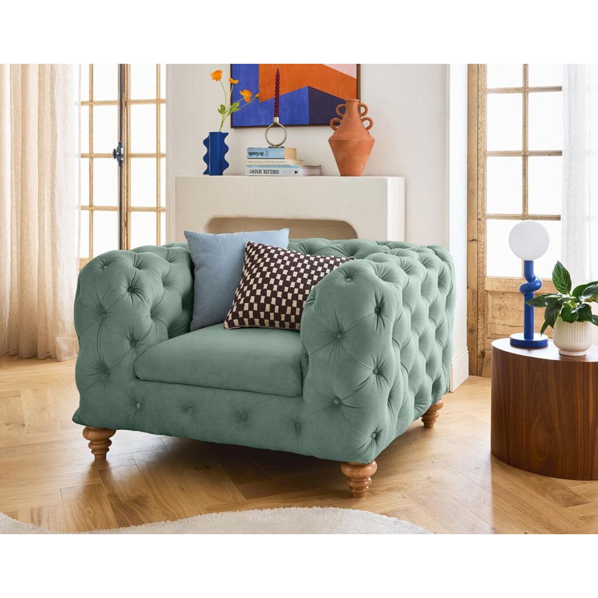 LISA DESIGN Walter - fauteuil chesterfield en velours - pieds bois