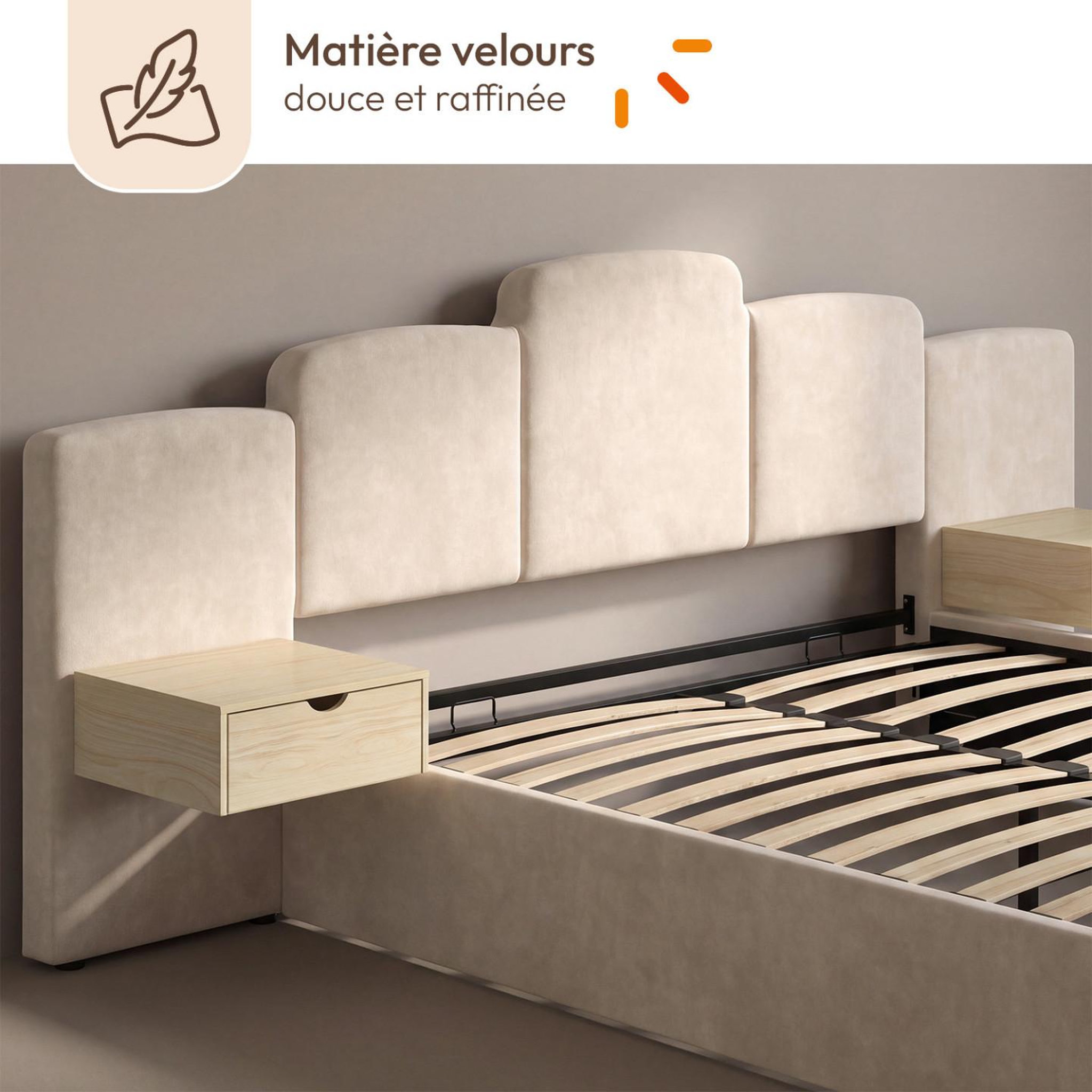 Voir la diapositive 5 : ID MARKET Lit coffre double CLOUD avec tête de lit matelassée + tables de chevet intégrées et sommier 160 x 200 cm velours beige