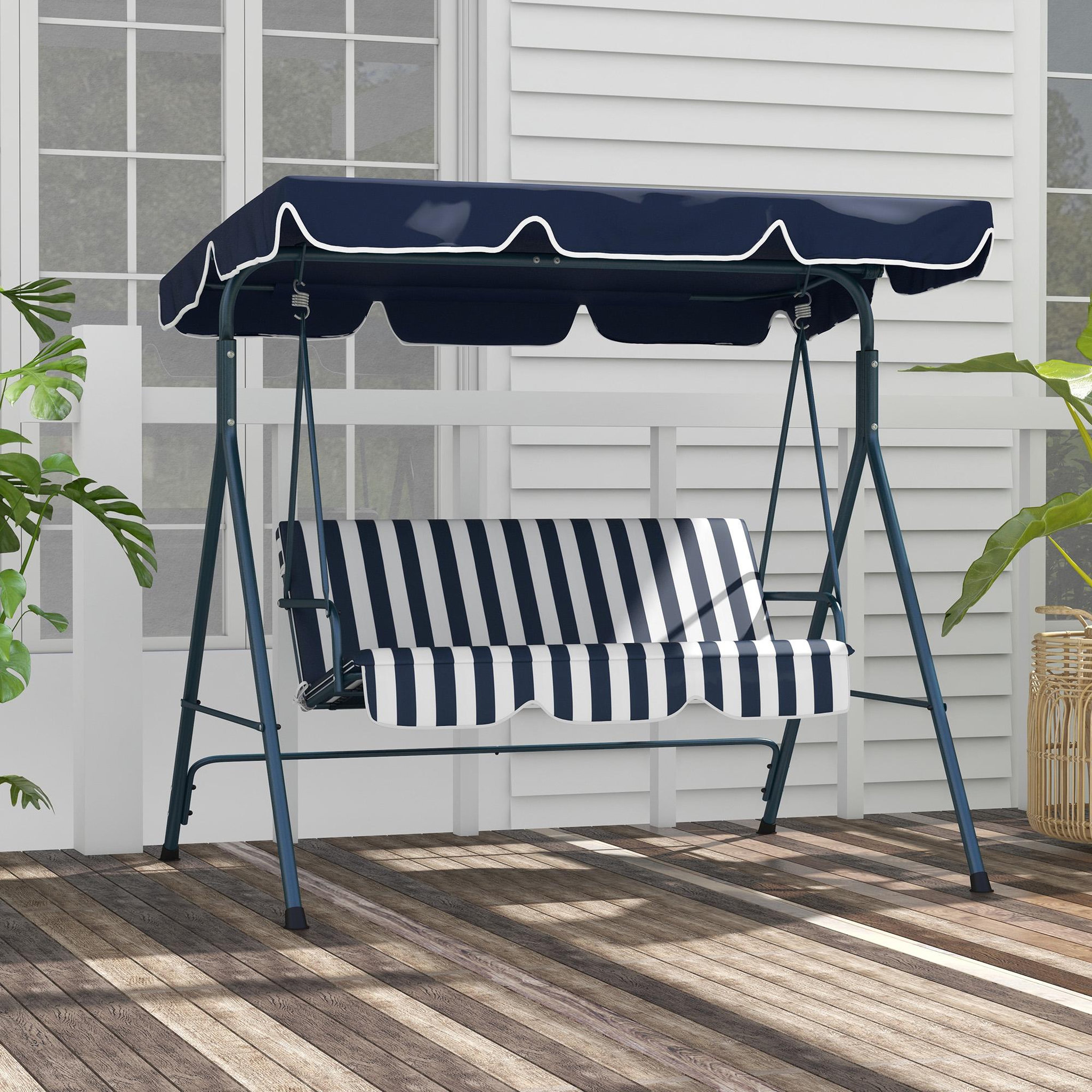 Voir la diapositive 4 : OUTSUNNY Balancelle de jardin 3 places toit réglable acier polyester bleu blanc rayé