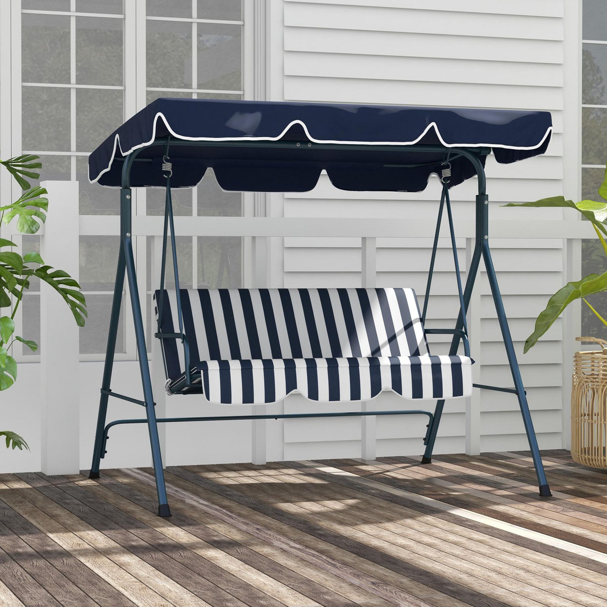OUTSUNNY Balancelle de jardin 3 places toit réglable acier polyester bleu blanc rayé