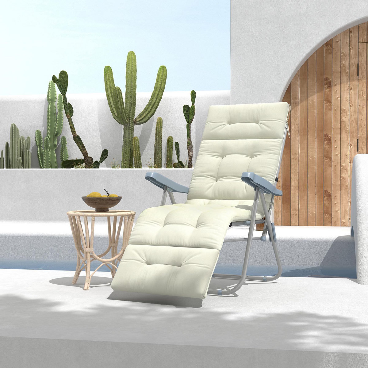 OUTSUNNY Coussin bain de soleil - coussin matelassé chaise longue - dim. 200L x 60l cm - ép. 13 cm - attaches - polyester crème