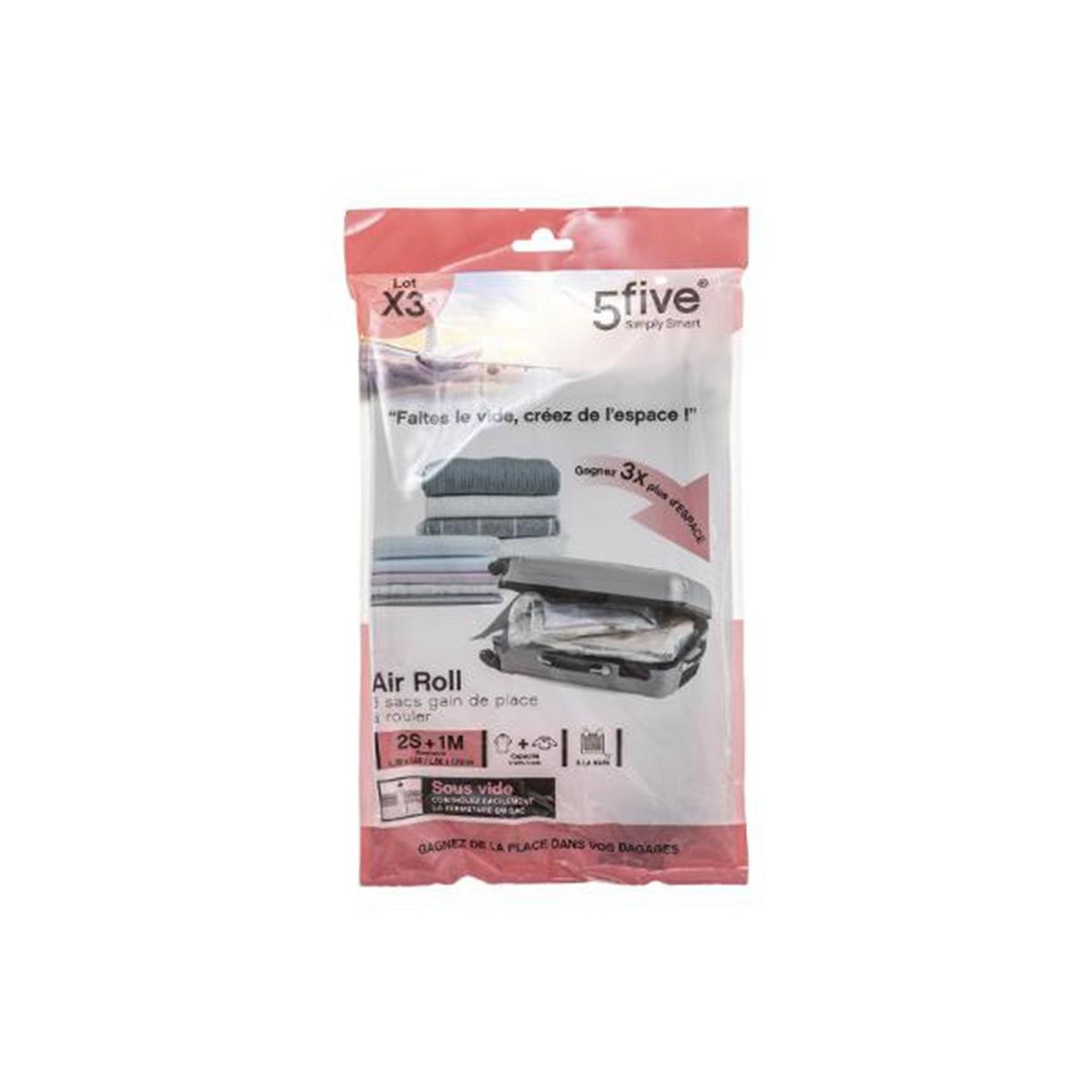 Voir la diapositive 2 : FIVE Lot de 3 sacs de rangement  air roll  70cm blanc