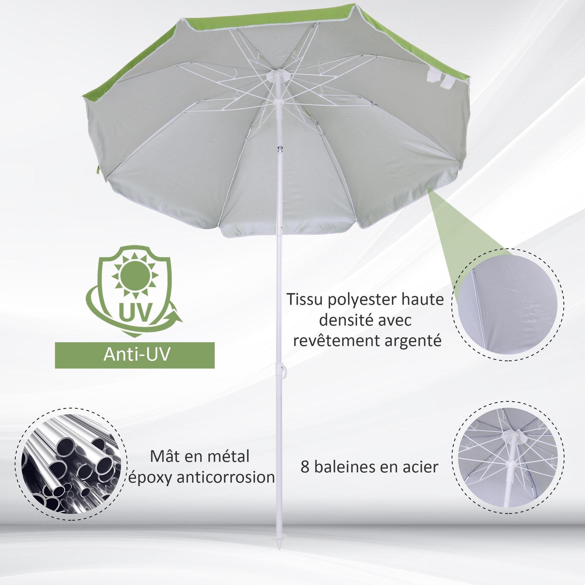 Voir la diapositive 5 : OUTSUNNY Parasol inclinable octogonal de plage Ø 150 cm tissu polyester haute densité anti-UV mât démontable sac de transport inclus vert