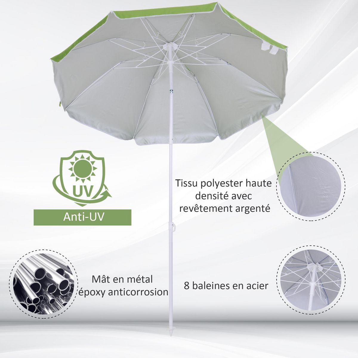OUTSUNNY Parasol inclinable octogonal de plage Ø 150 cm tissu polyester haute densité anti-UV mât démontable sac de transport inclus vert