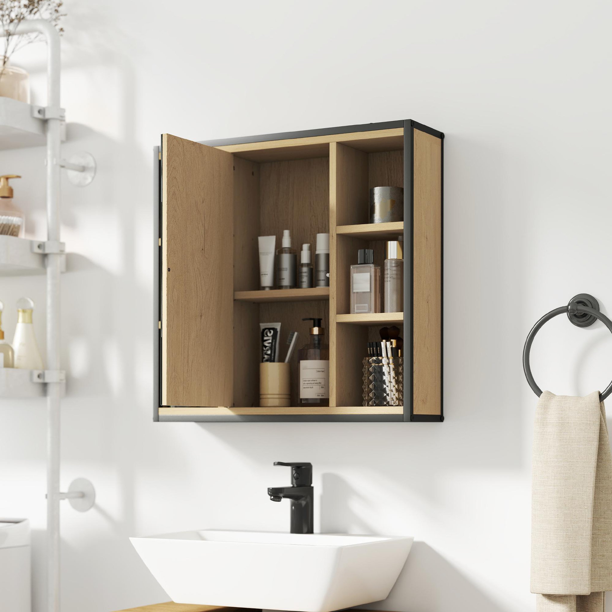 Voir la diapositive 5 : HOMCOM Armoire miroir murale salle de bain - 2 portes, étagère, niche - acier noir effet bois