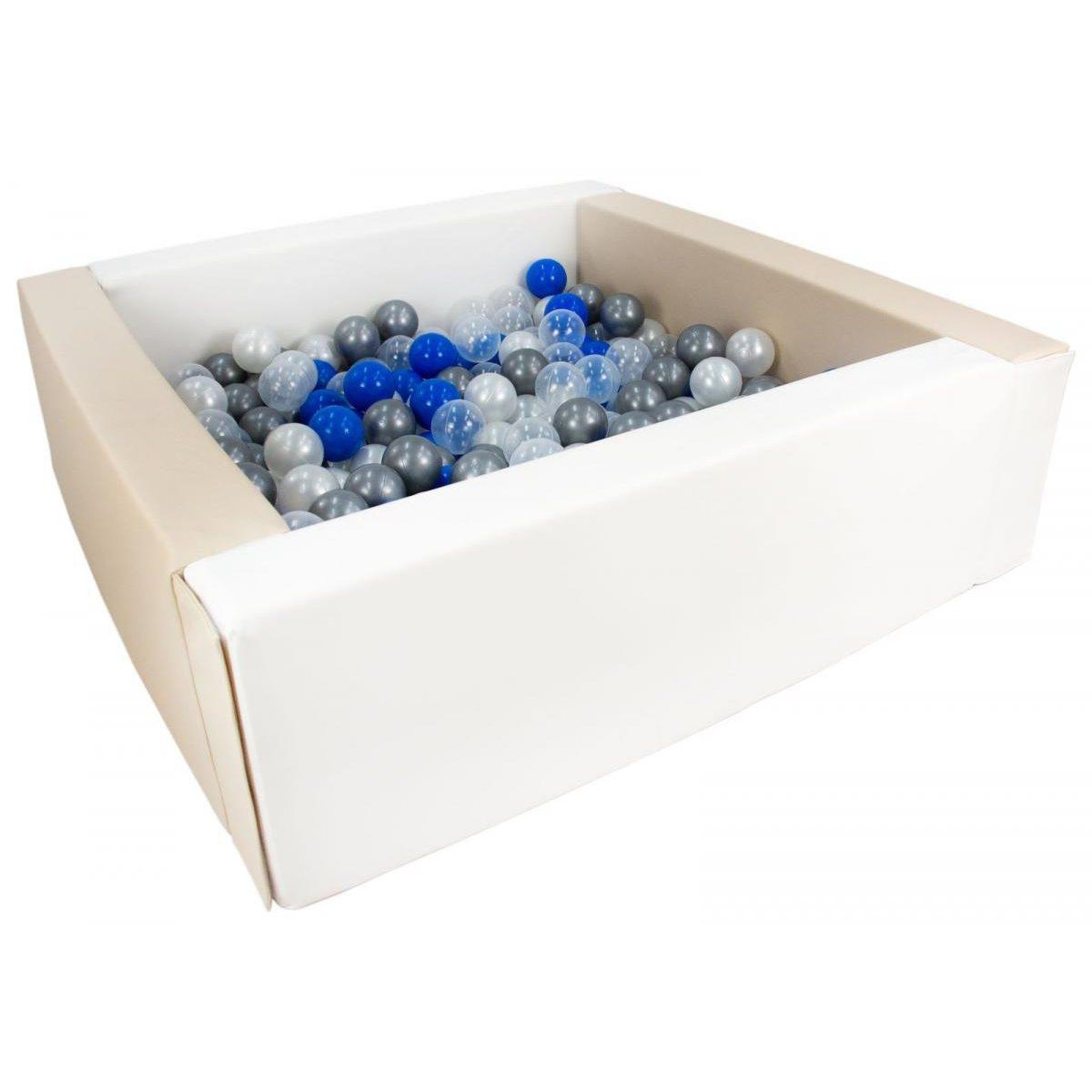 VELINDA Piscine à balles carrée avec 200 balles - blanc, cappuccino/perle, transparent, bleu, argent