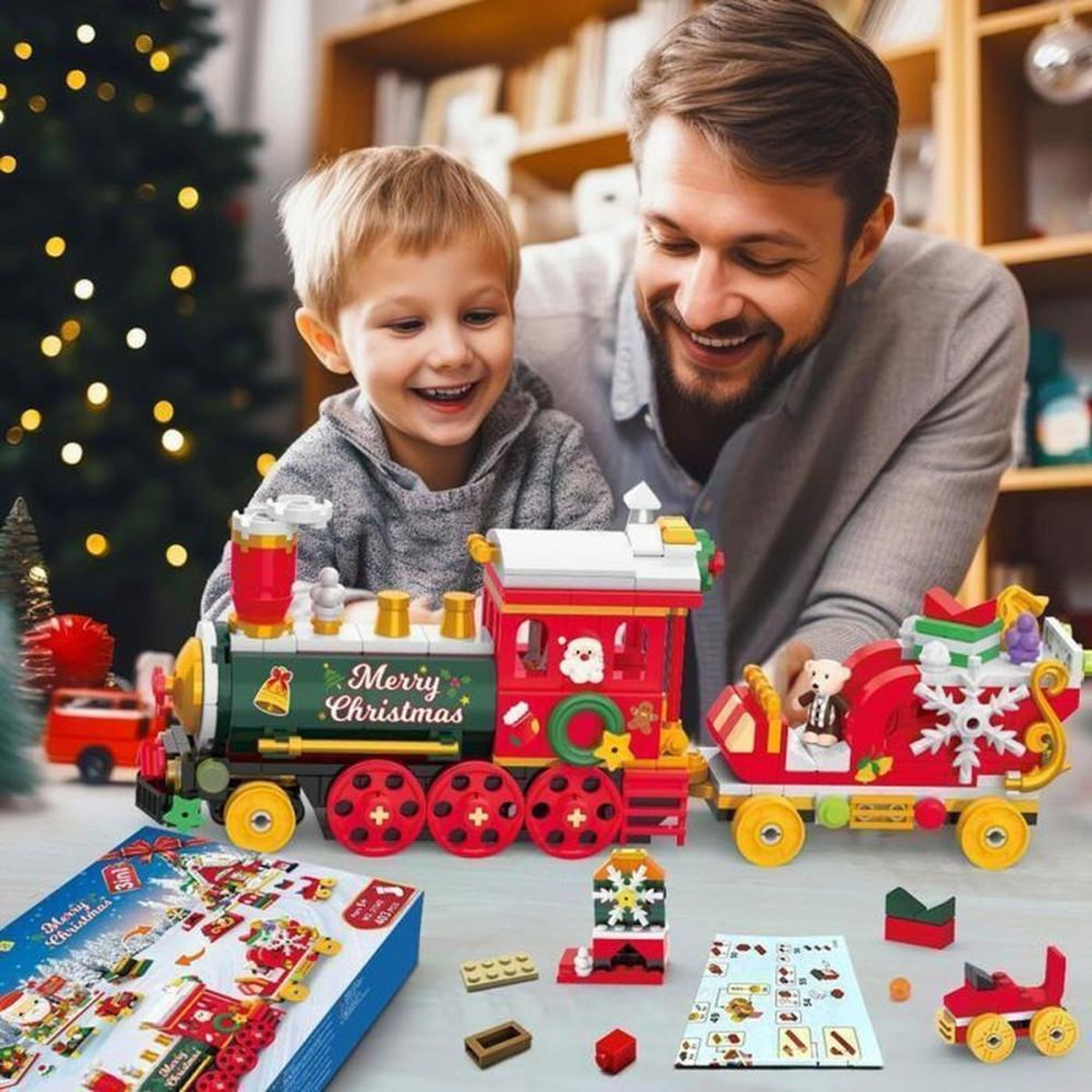Voir la diapositive 5 : Jouet de construction Noël 3-en-1 403 pièces avec LED, modèles Père Noël, train et cabane