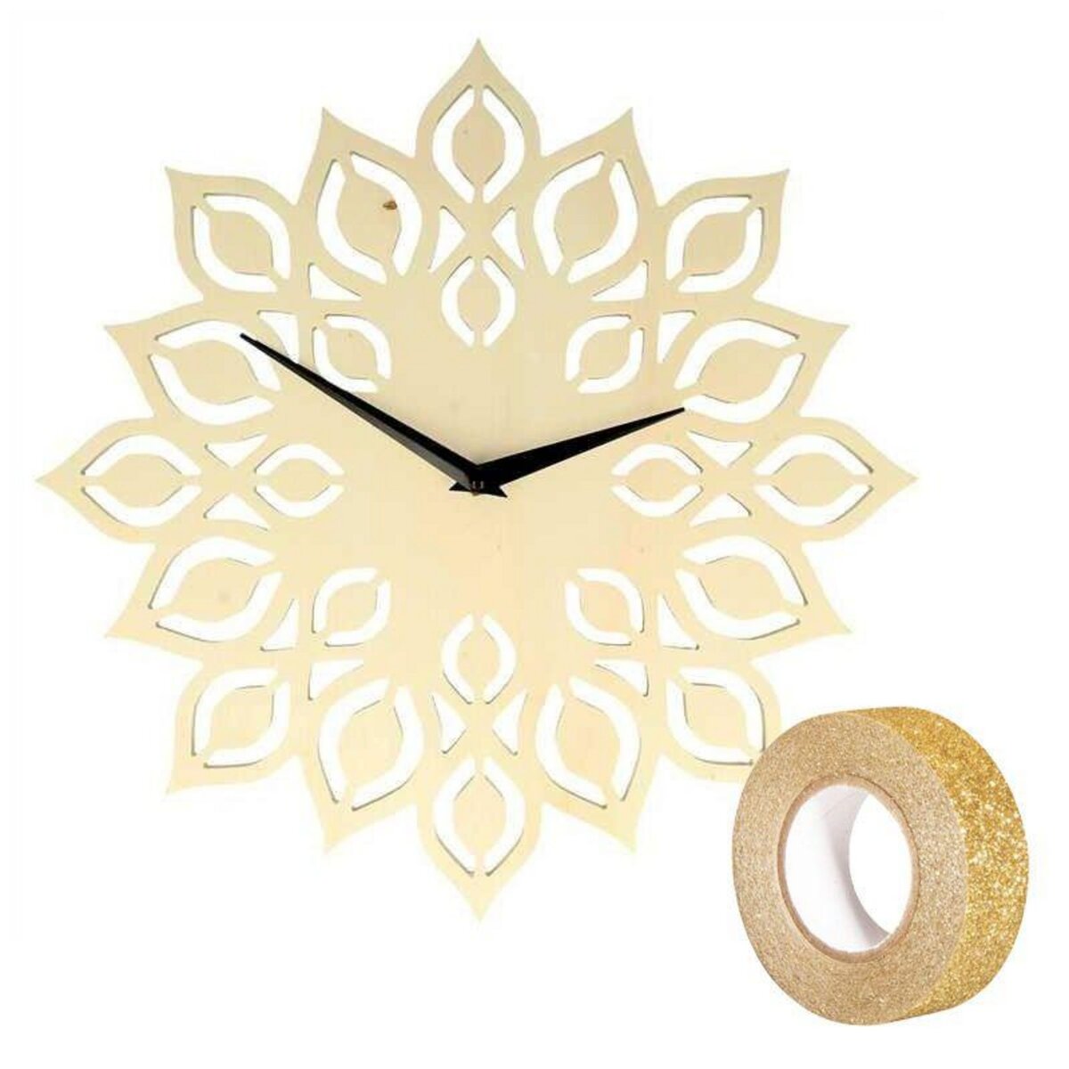 Youdoit Horloge en bois fleur Ø 30 cm + masking tape doré à paillettes 5 m