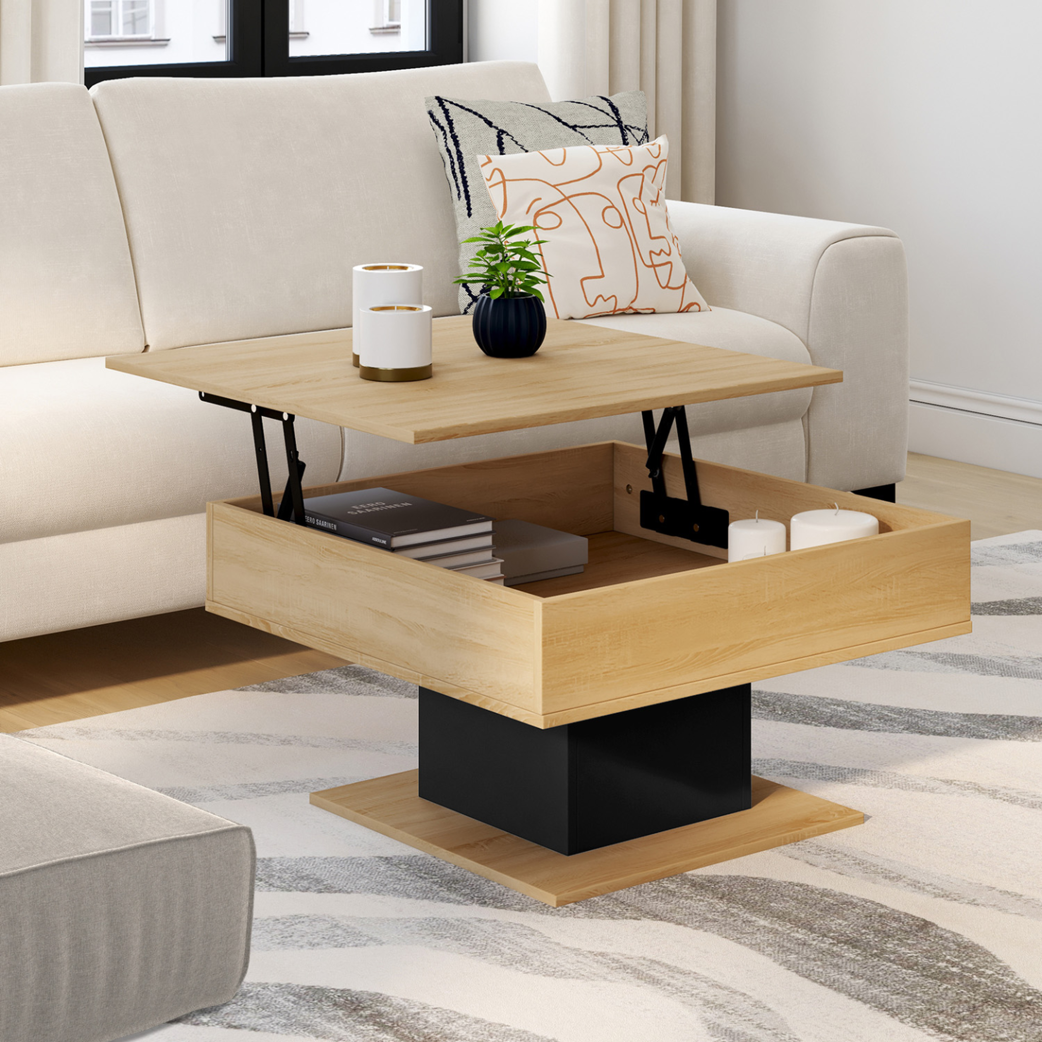 Voir la diapositive 2 : ID MARKET Table basse plateau relevable eden carrée bois et noir