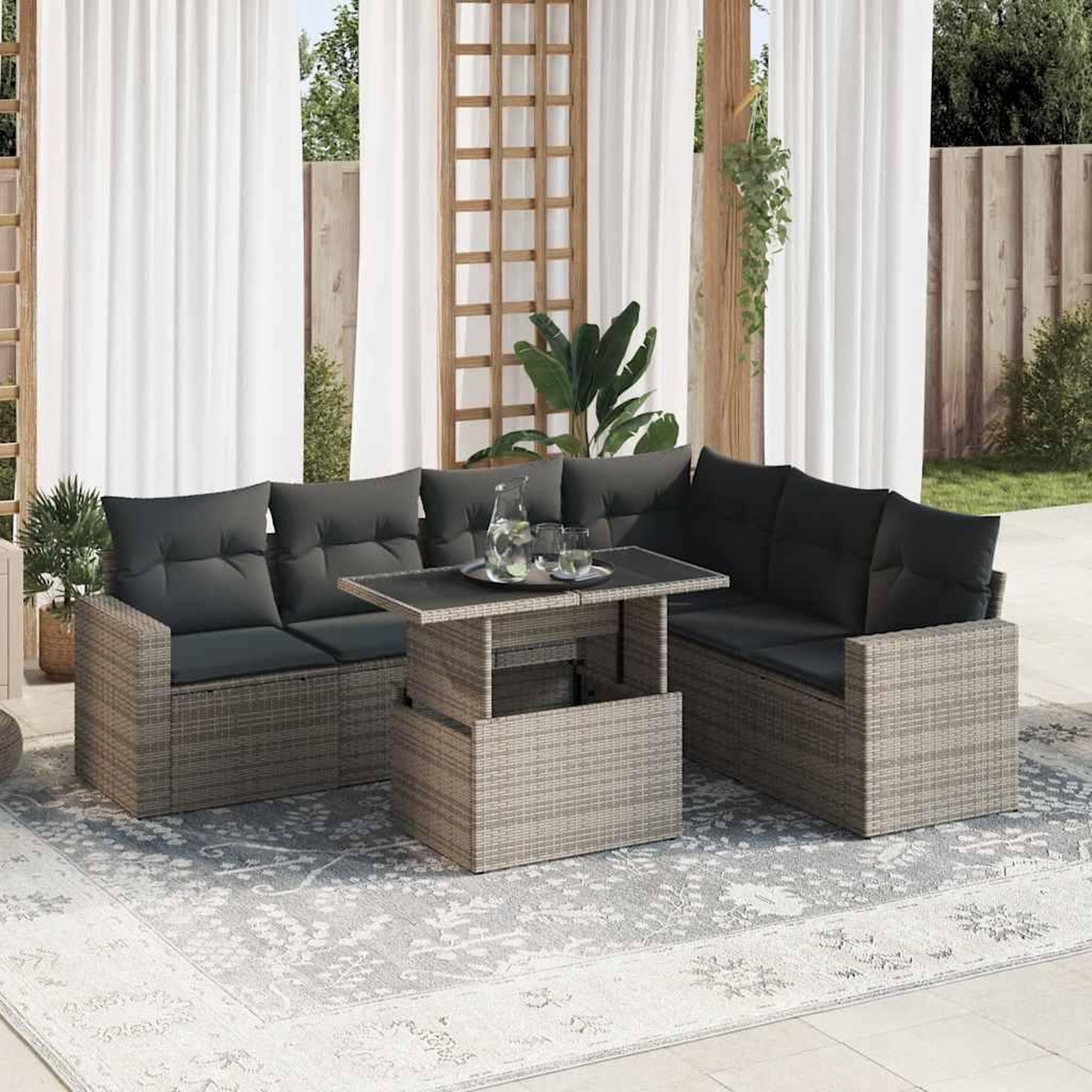 VIDAXL Salon de jardin avec coussins 7 pcs gris resine tressee