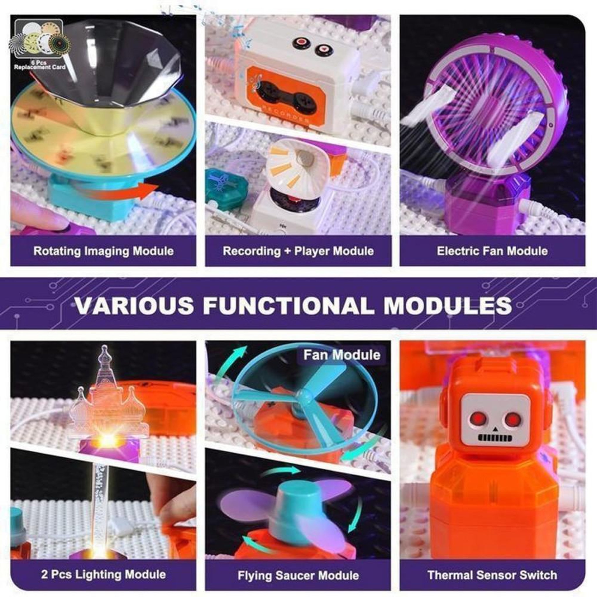 Voir la diapositive 5 : Kit STEM circuits électroniques 68 pièces avec 450+ projets, modules lumineux, ventilateur et effets d'images rotatives, dès 6 ans