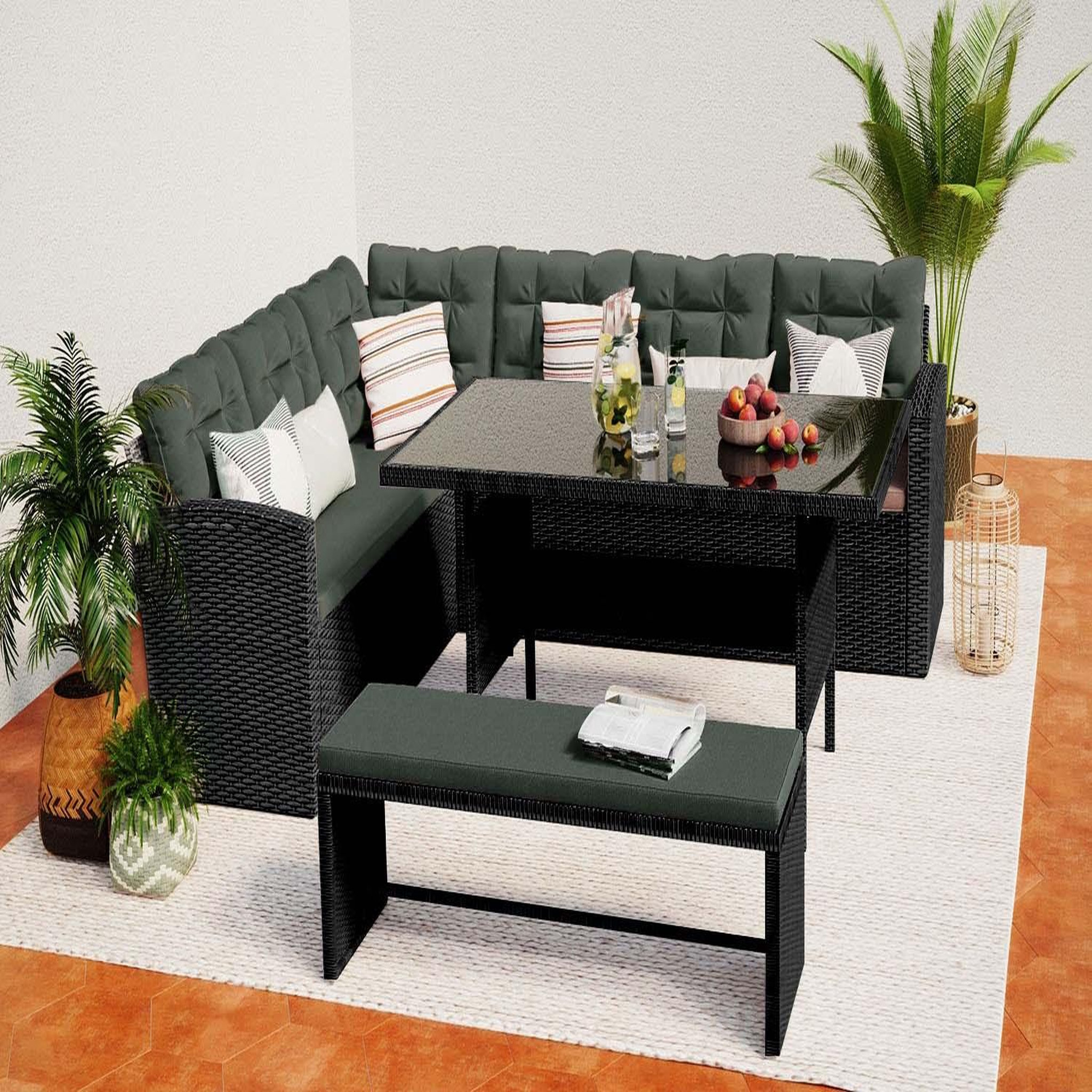 Voir la diapositive 2 : CONCEPT USINE Salon de jardin 8 places en résine anthracite et coussins verts moorea