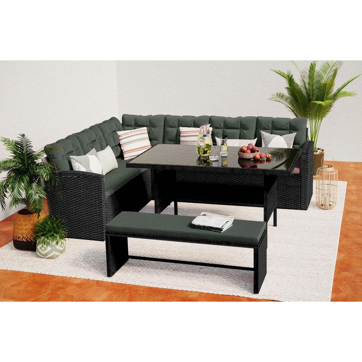 CONCEPT USINE Salon de jardin 8 places en résine anthracite et coussins verts MOOREA