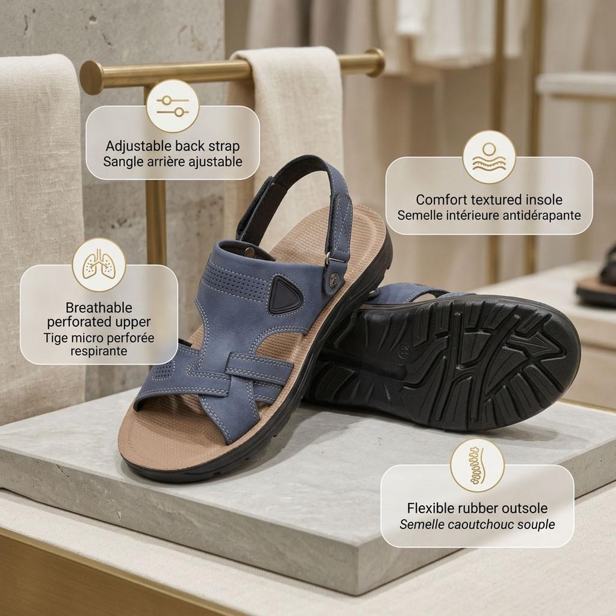 Voir la diapositive 4 : OZABI OZABI Sandales Homme Confort Semelle Souple Antiderapante Scratch 39-45