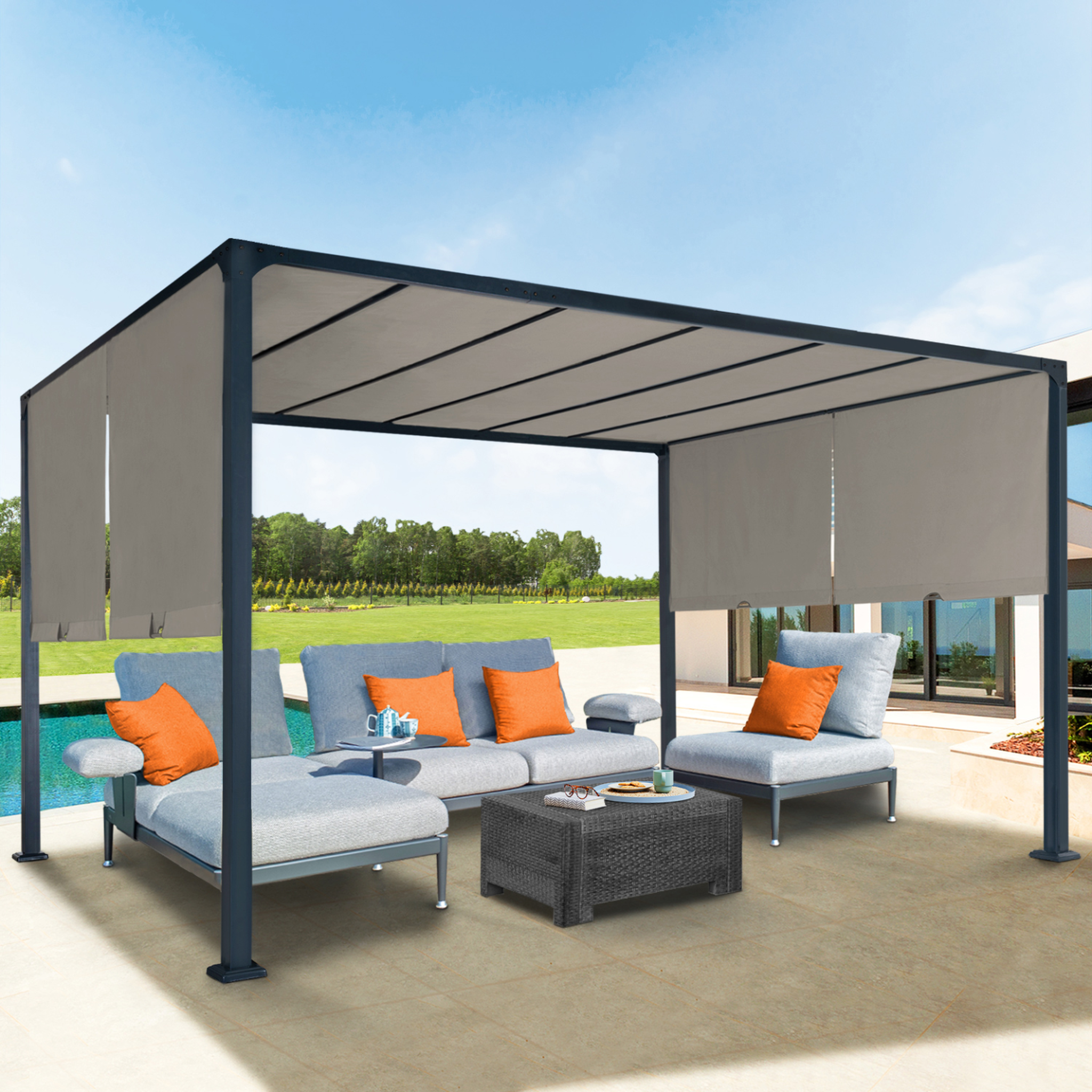 Voir la diapositive 2 : ID MARKET Pergola coulissante 2 pans 3x4 m belvédère de jardin toile taupe